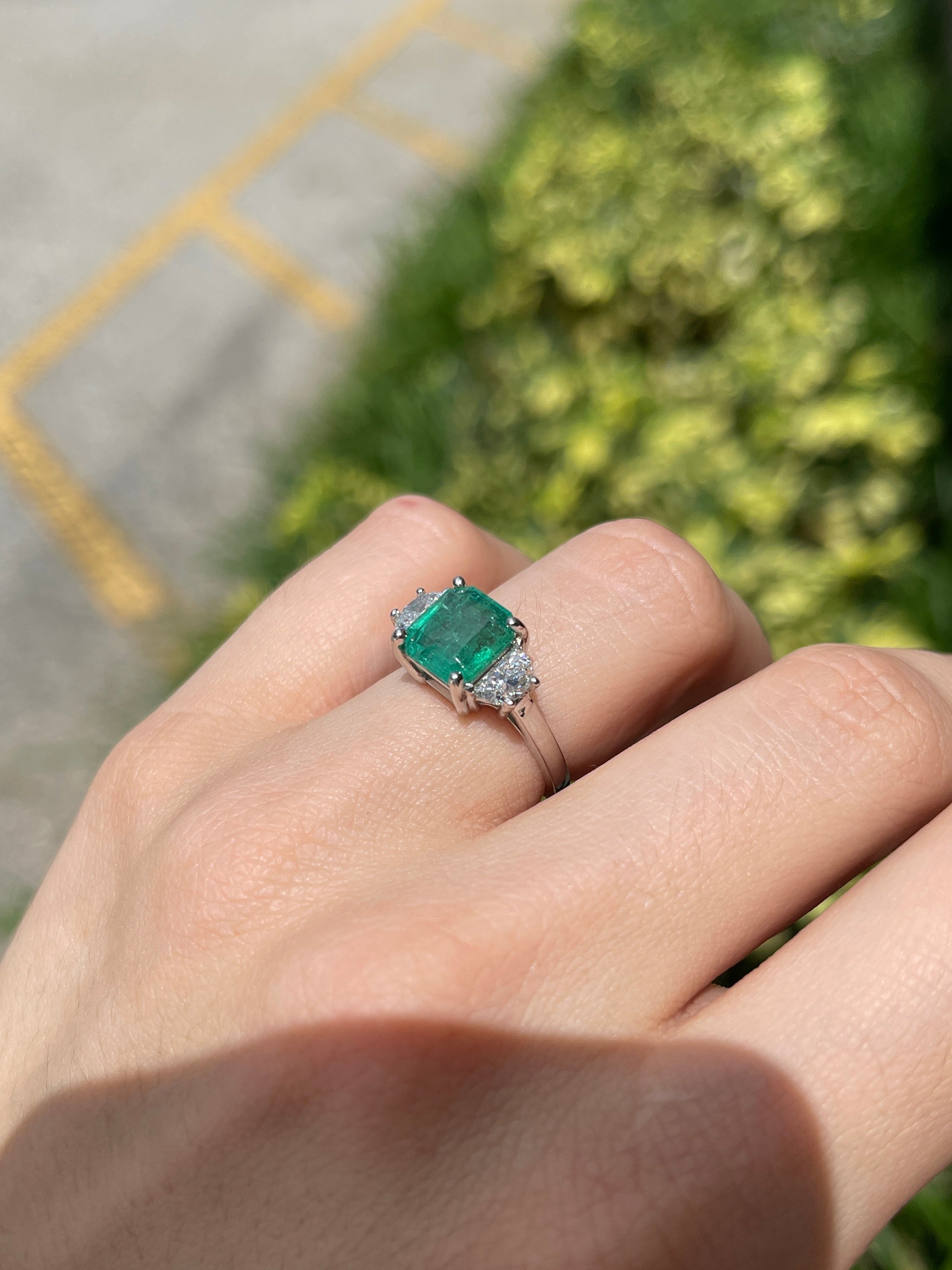 3.25tcw Natural Emerald & Lab Half Moon Diamond 14K Three Stone Ring White Gold - JR Colombian Emeralds