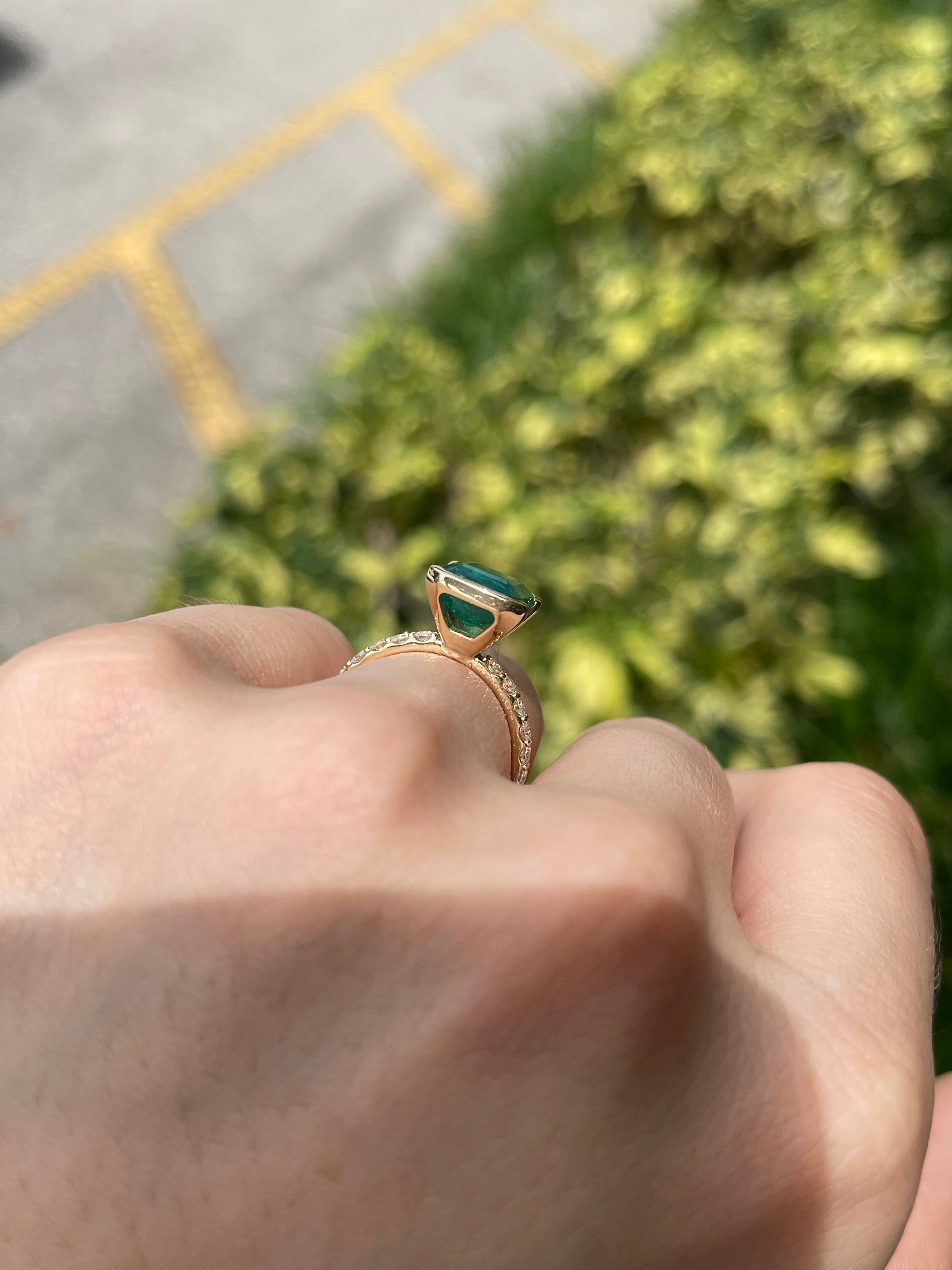 3.69tcw Stacking Friendly Semi Bezel Natural Emerald Solitaire with Diamond Accents 14K