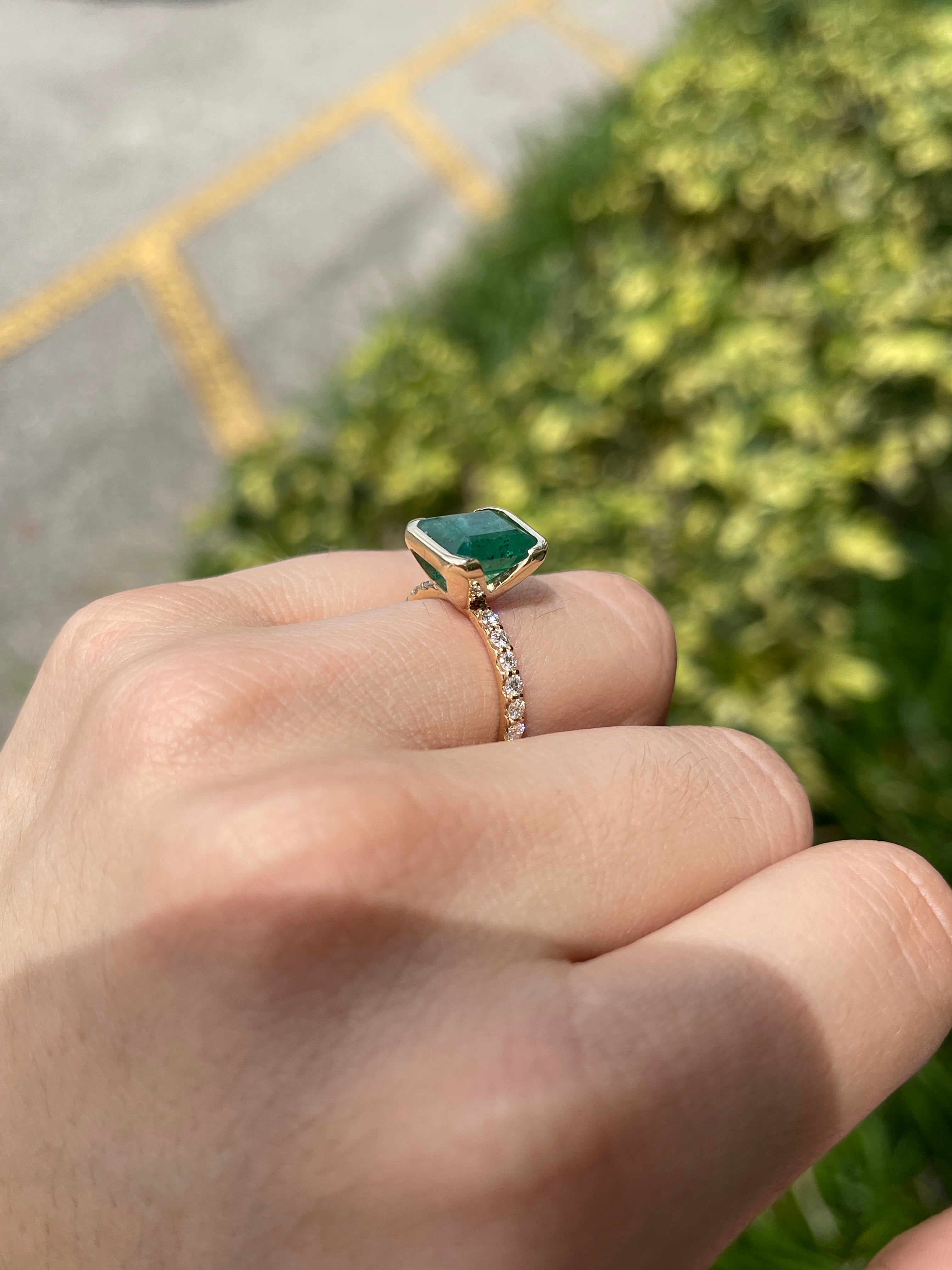 3.69tcw Stacking Friendly Semi Bezel Natural Emerald Solitaire with Diamond Accents 14K