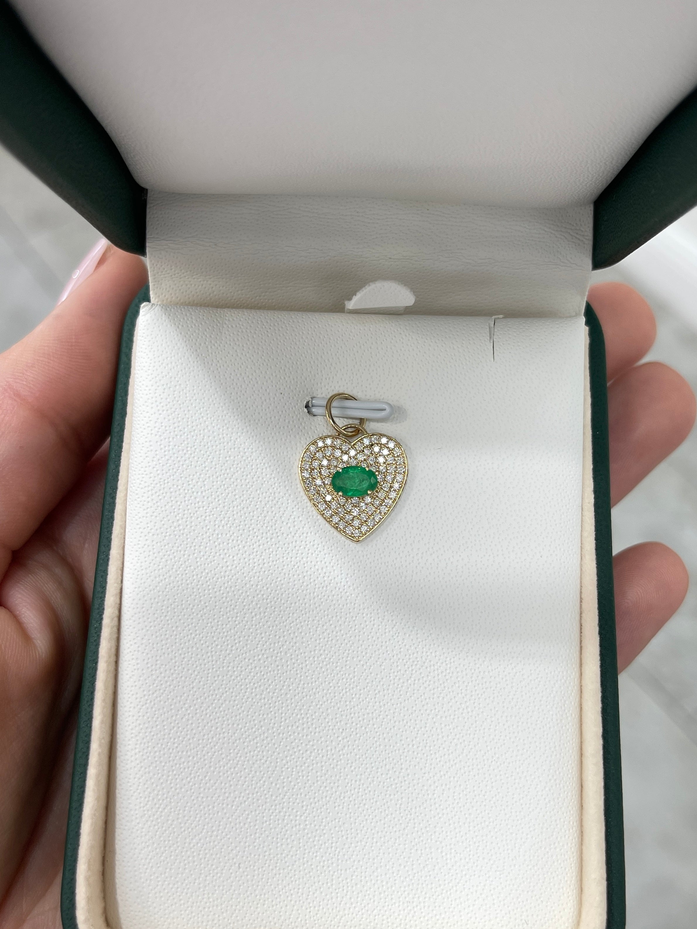 1.0tcw 14K Emerald & Diamond Pave Heart Cluster Pendant Charm