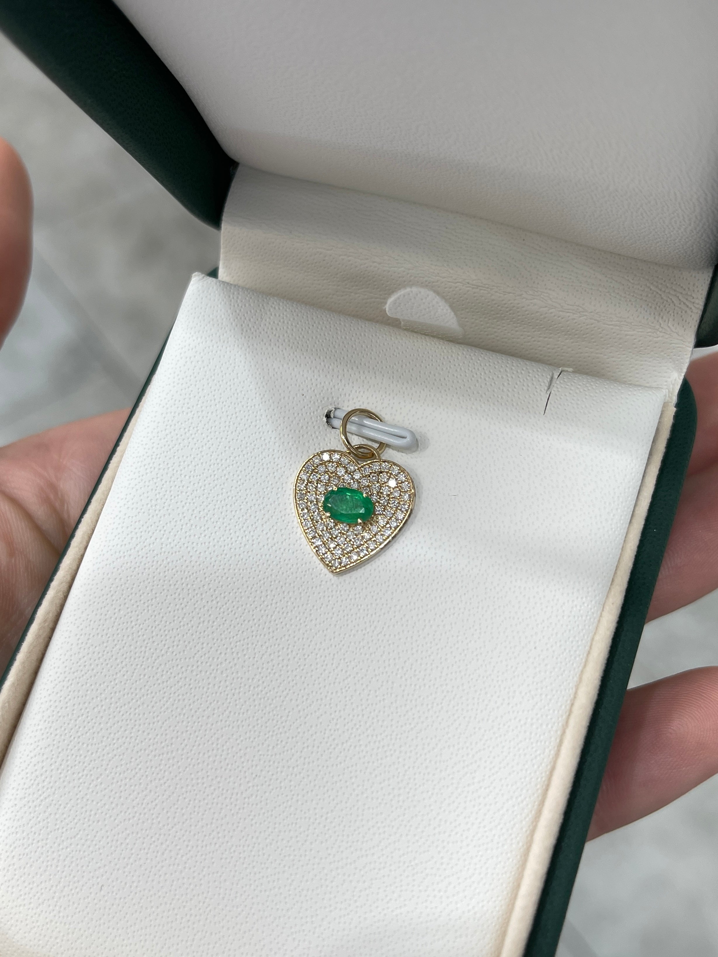 1.0tcw 14K Emerald & Diamond Pave Heart Cluster Pendant Charm