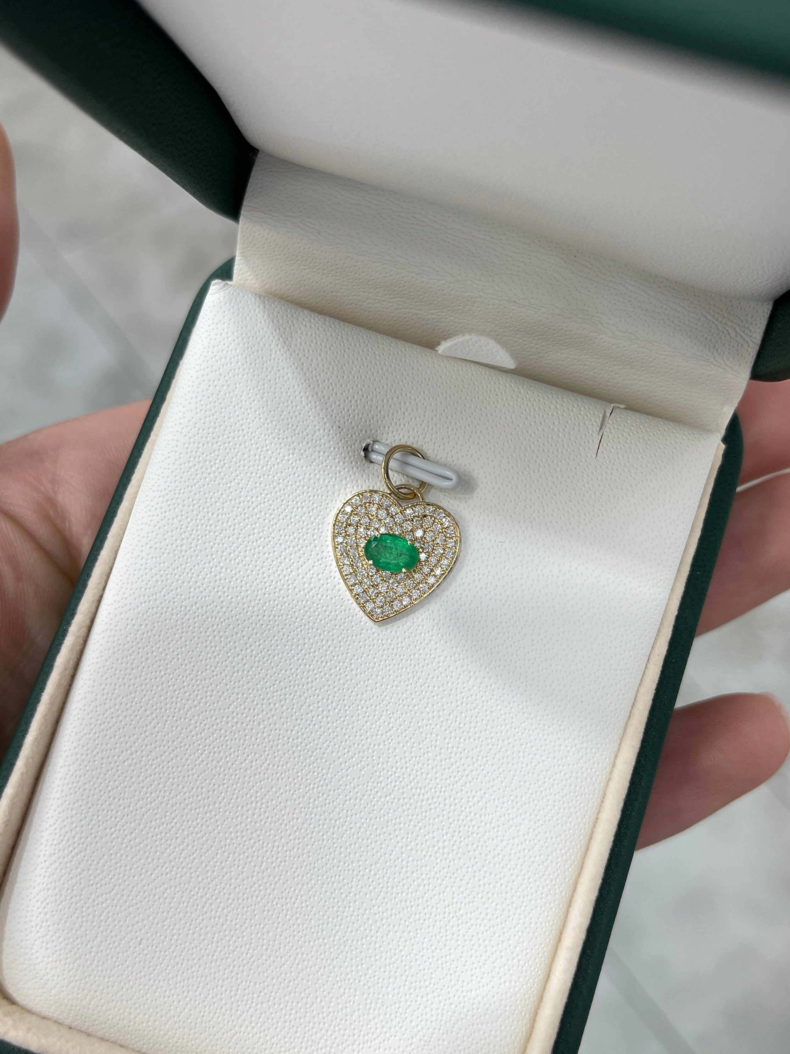1.0tcw 14K Emerald & Diamond Pave Heart Cluster Pendant Charm