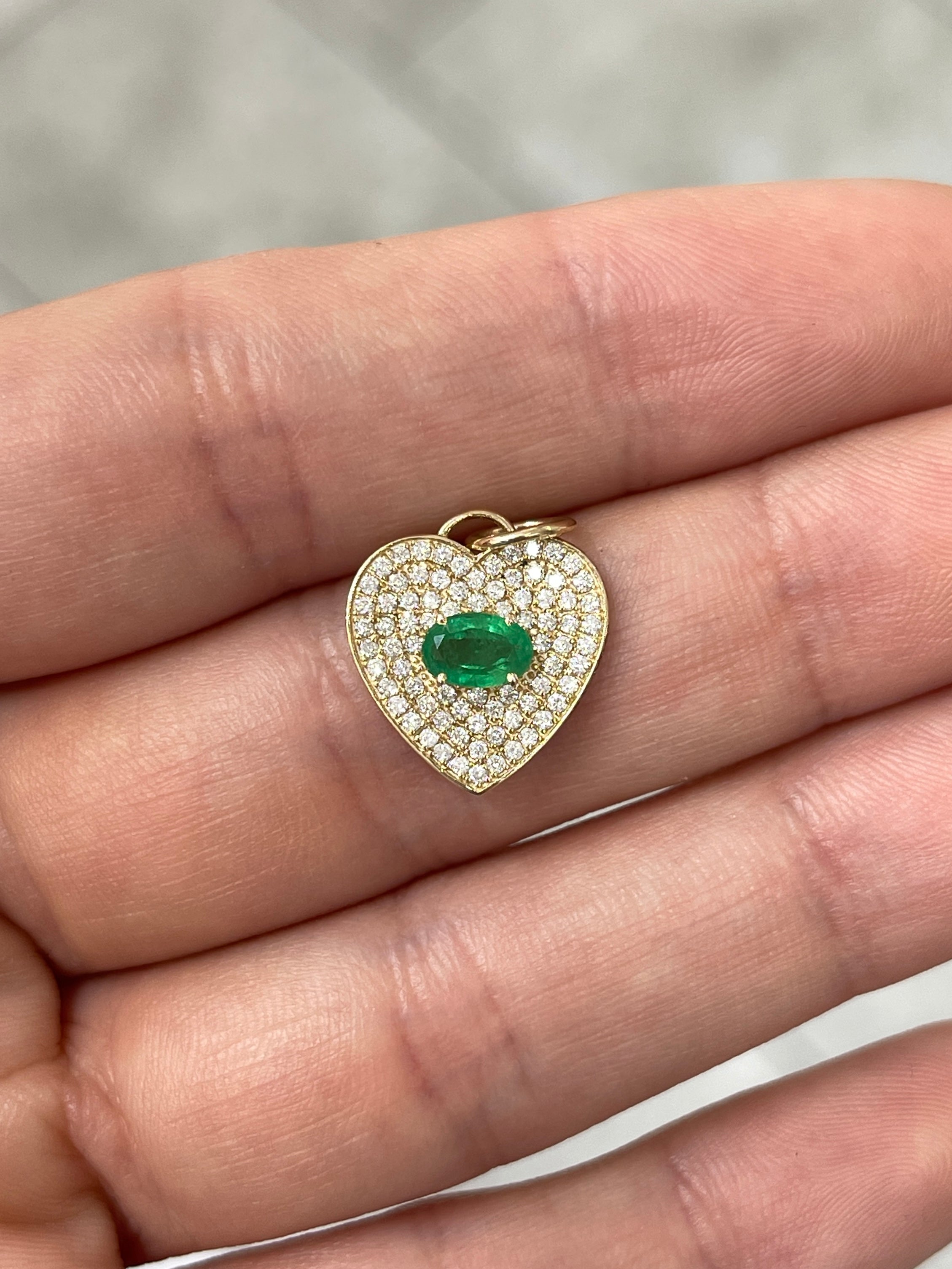 1.0tcw 14K Emerald & Diamond Pave Heart Cluster Pendant Charm