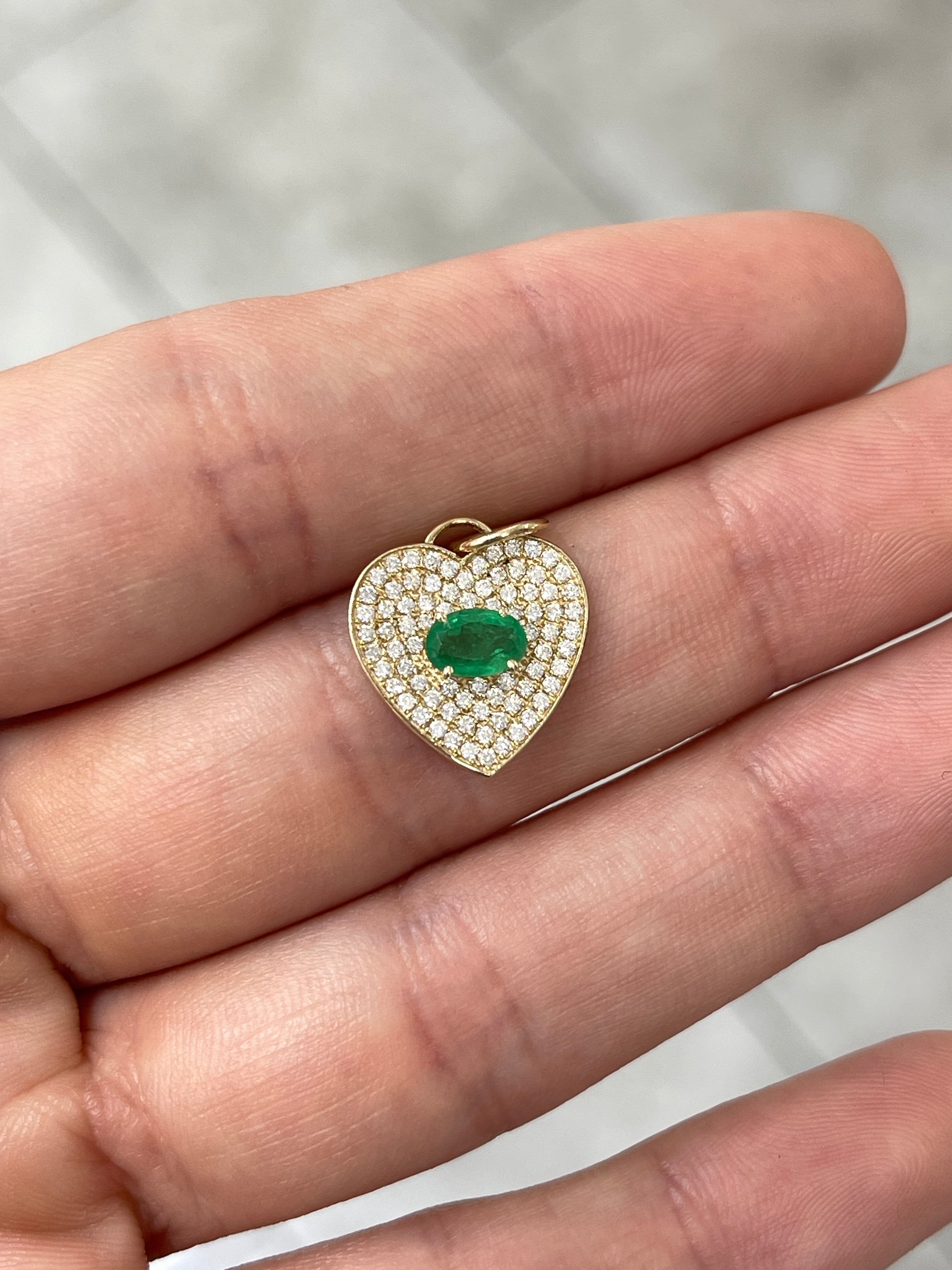 1.0tcw 14K Emerald & Diamond Pave Heart Cluster Pendant Charm