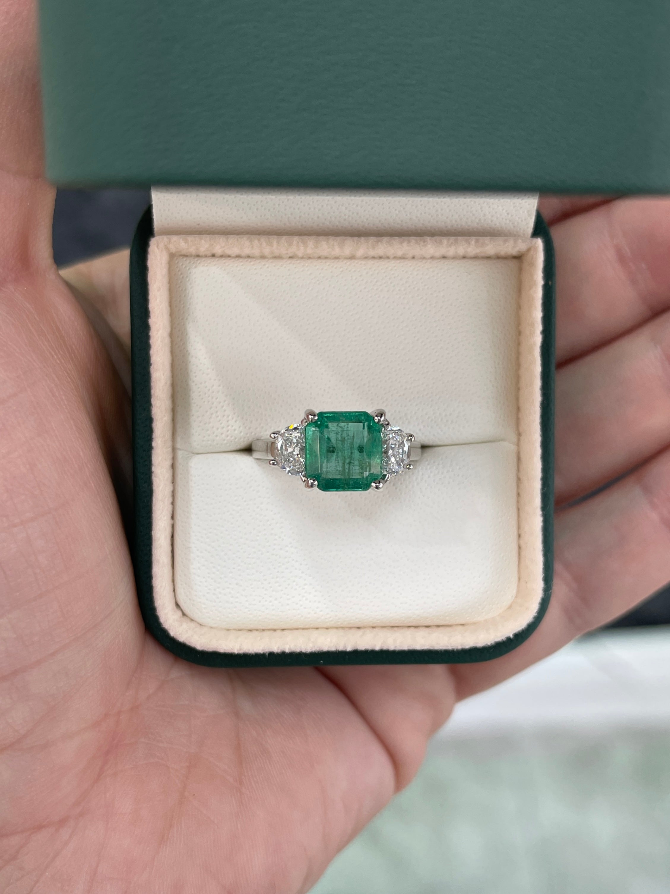 3.25tcw Natural Emerald & Lab Half Moon Diamond 14K Three Stone Ring White Gold - JR Colombian Emeralds
