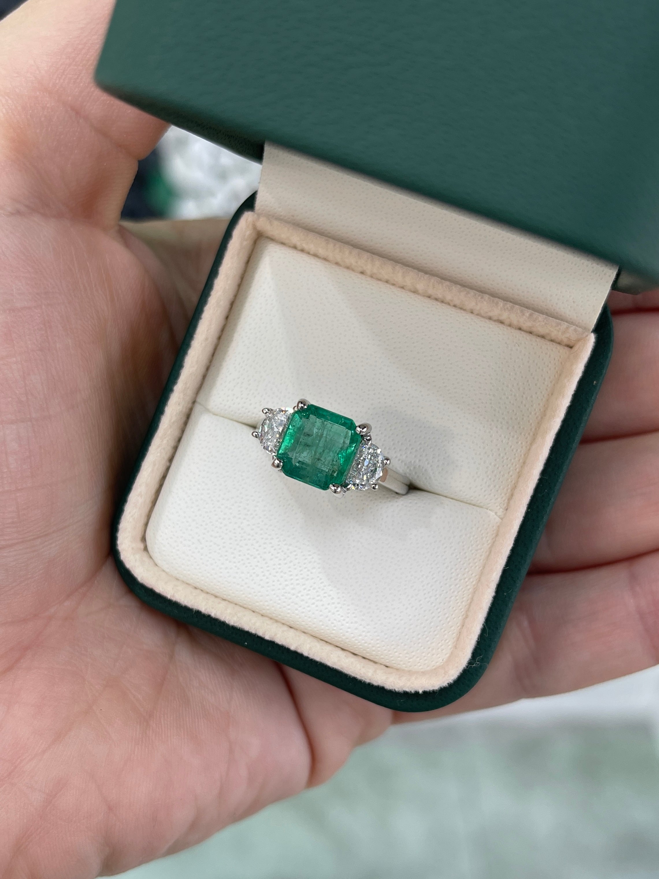3.25tcw Natural Emerald & Lab Half Moon Diamond 14K Three Stone Ring White Gold - JR Colombian Emeralds