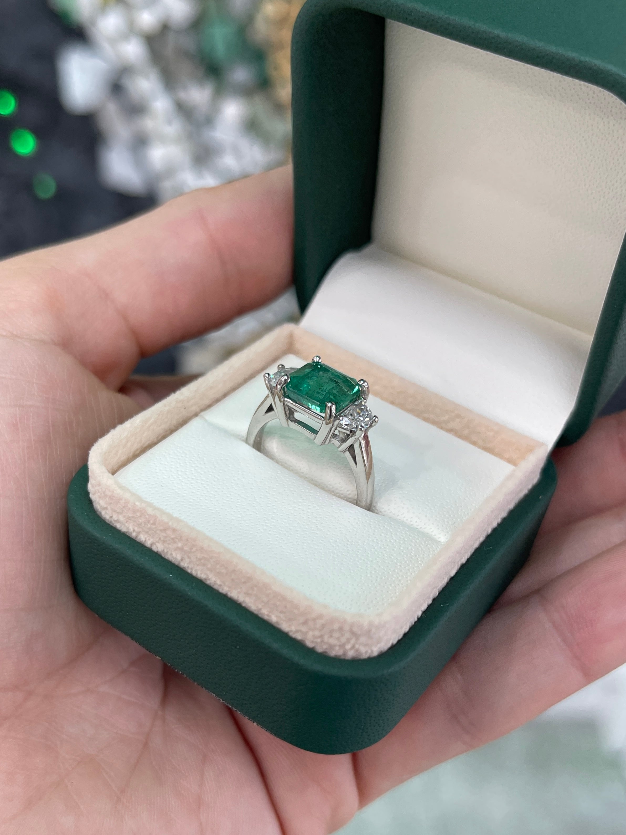 3.25tcw Natural Emerald & Lab Half Moon Diamond 14K Three Stone Ring White Gold - JR Colombian Emeralds
