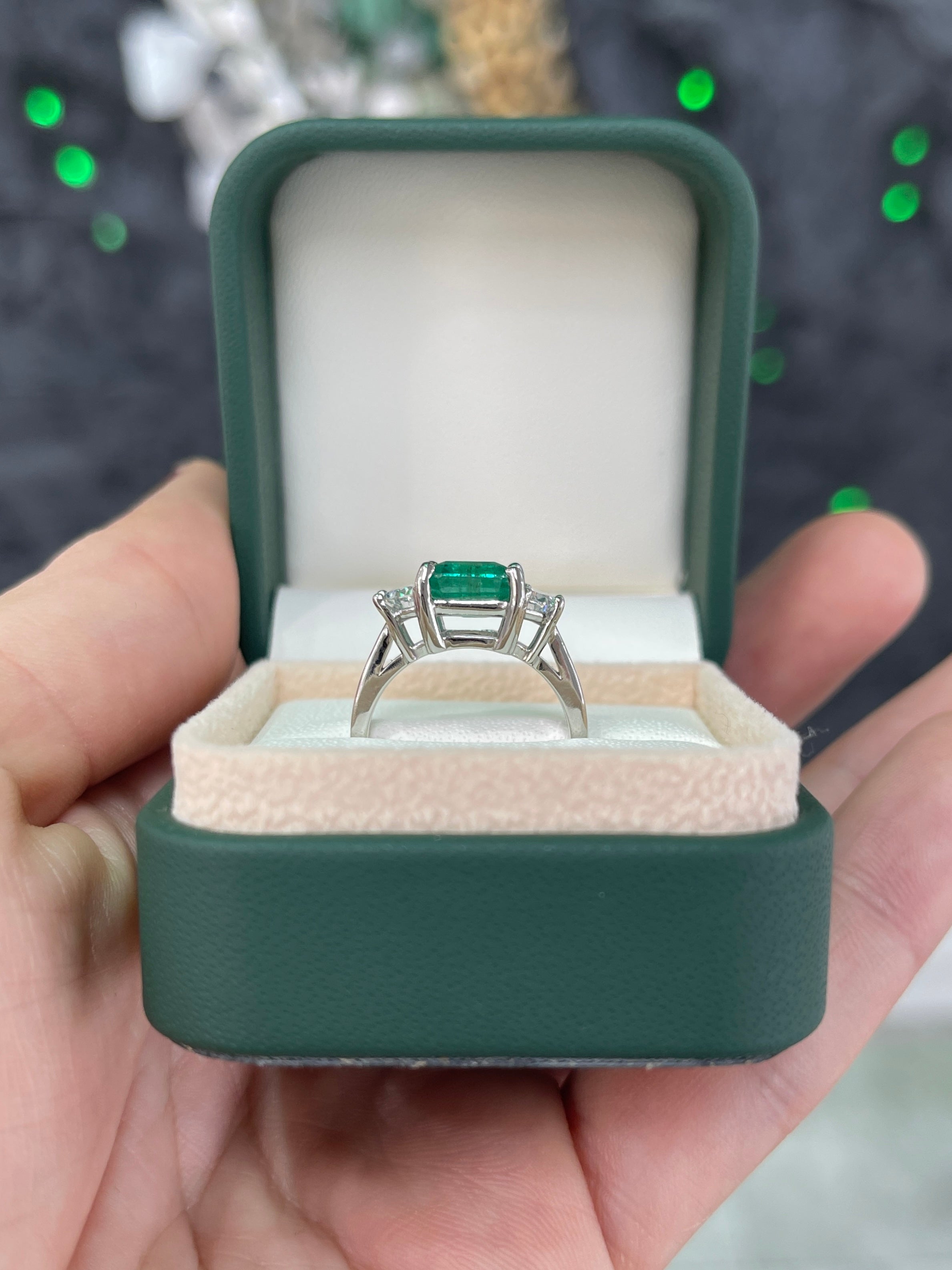 3.25tcw Natural Emerald & Lab Half Moon Diamond 14K Three Stone Ring White Gold - JR Colombian Emeralds