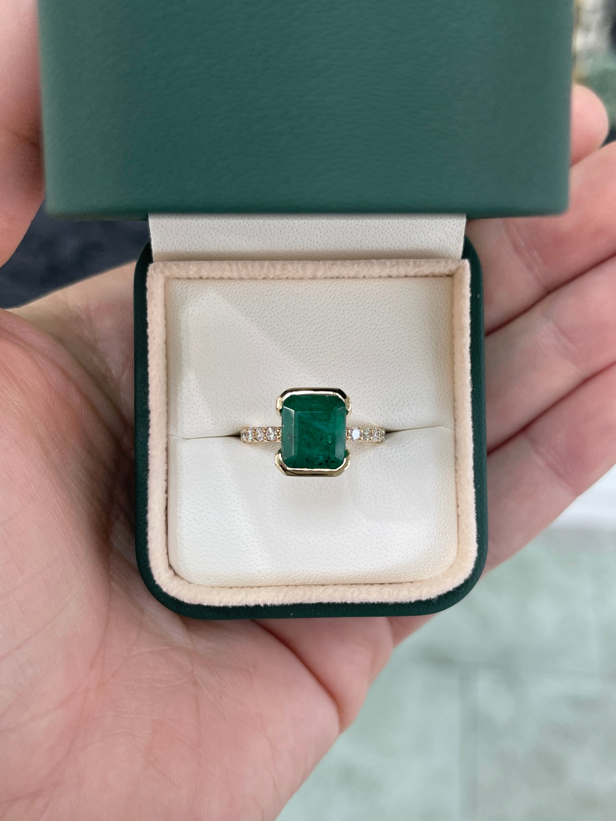 3.69tcw Stacking Friendly Semi Bezel Natural Emerald Solitaire with Diamond Accents 14K