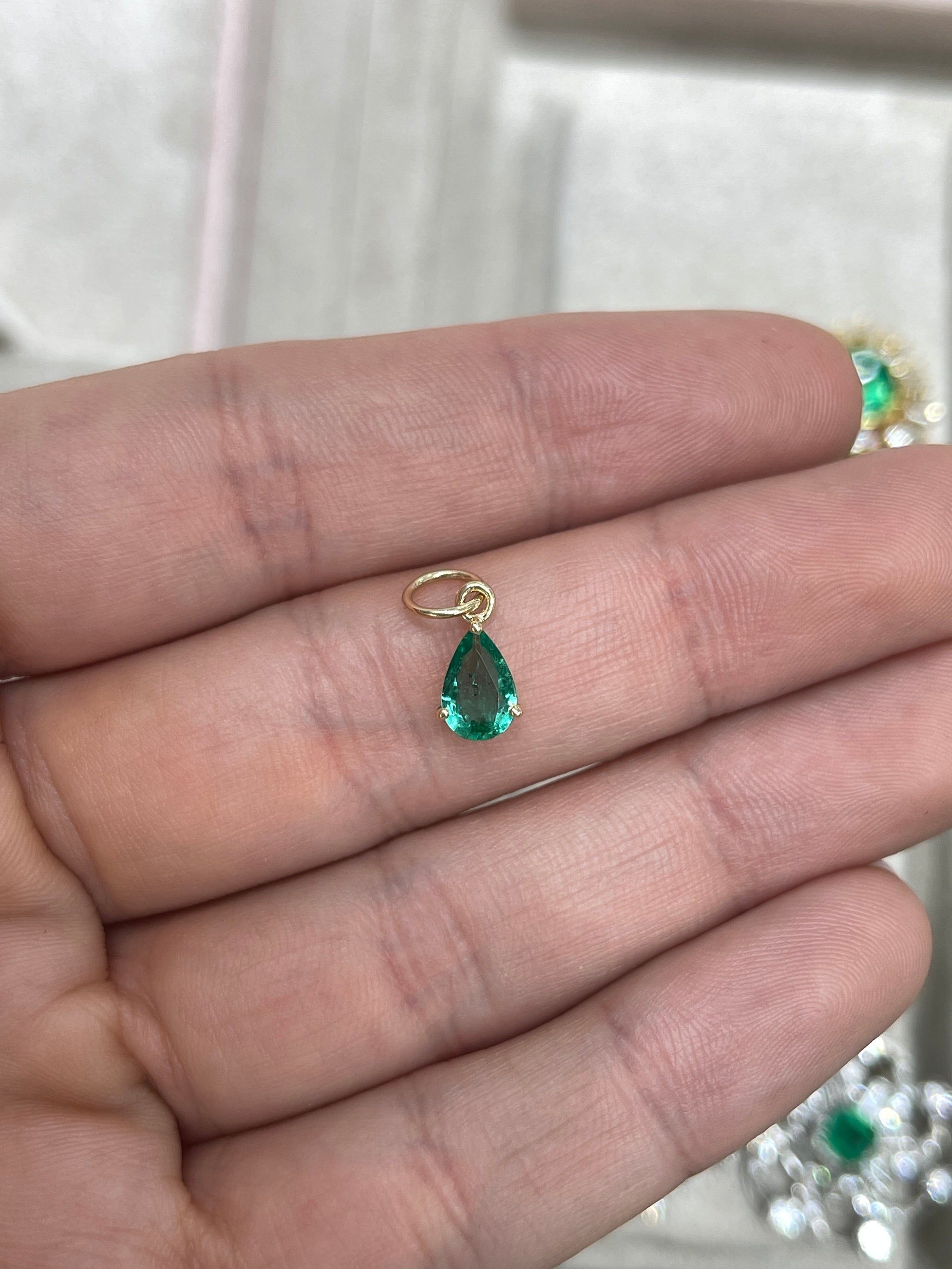 0.70ct Petite Natural Freckled Teardrop Emerald Prong Pendant 14K