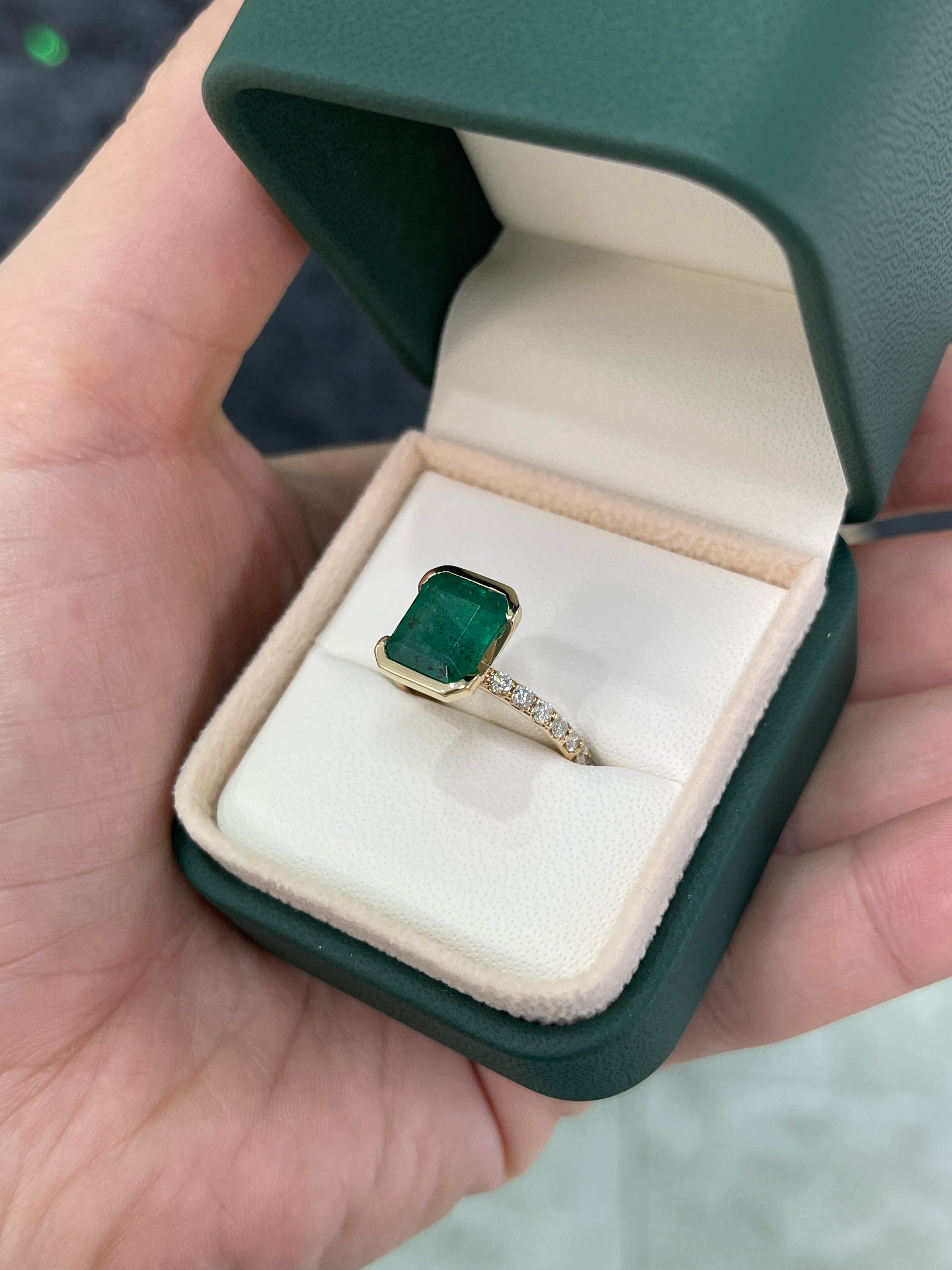 3.69tcw Stacking Friendly Semi Bezel Natural Emerald Solitaire with Diamond Accents 14K