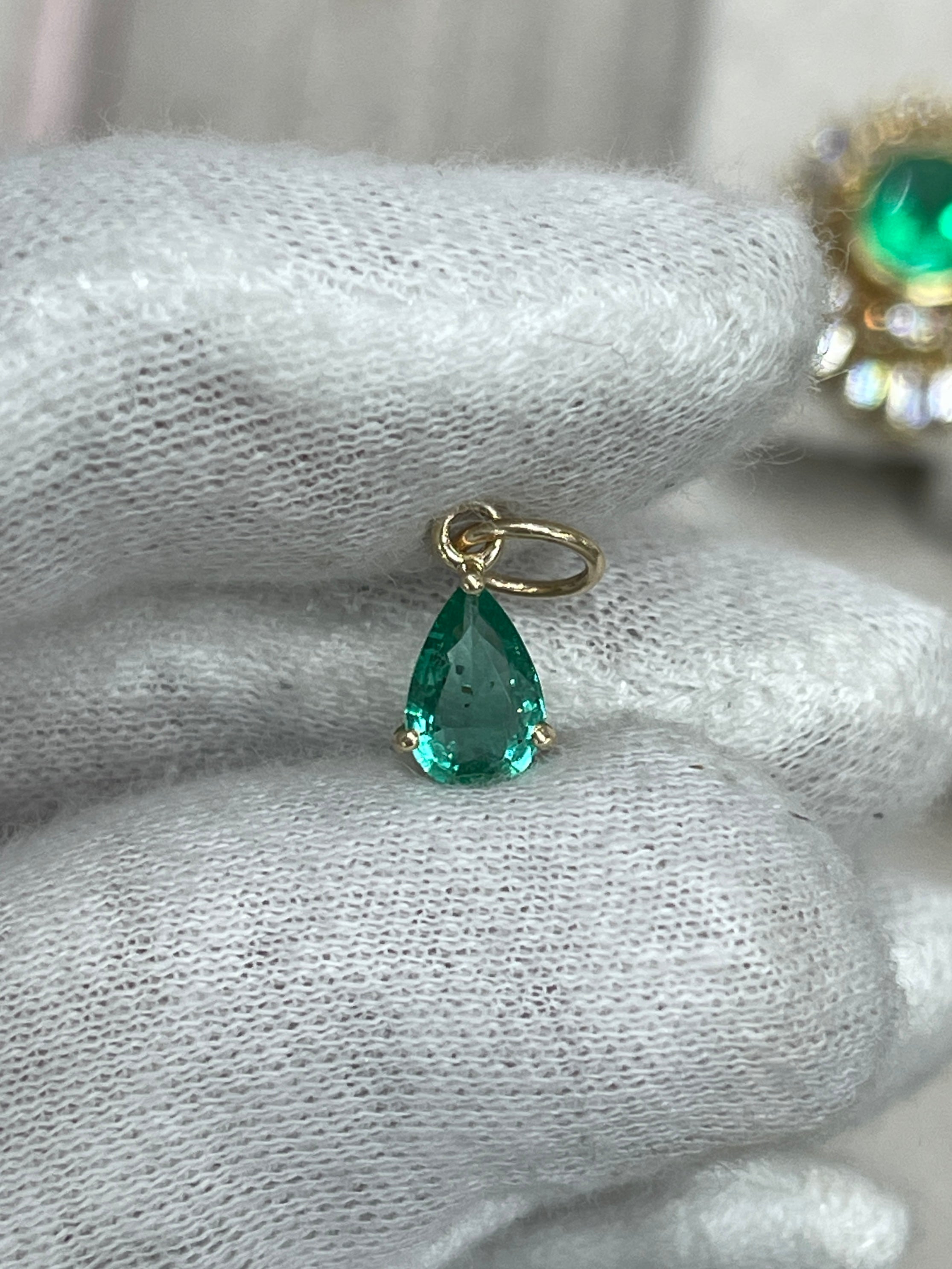 0.70ct Petite Natural Freckled Teardrop Emerald Prong Pendant 14K