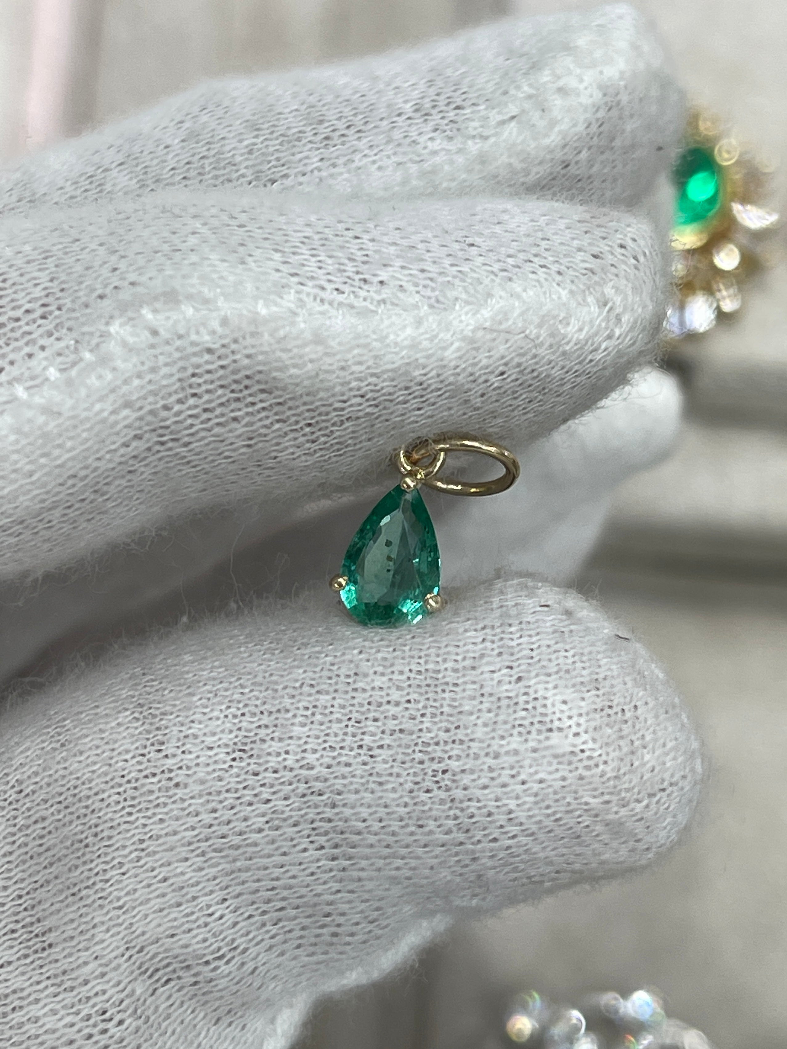 0.70ct Petite Natural Freckled Teardrop Emerald Prong Pendant 14K