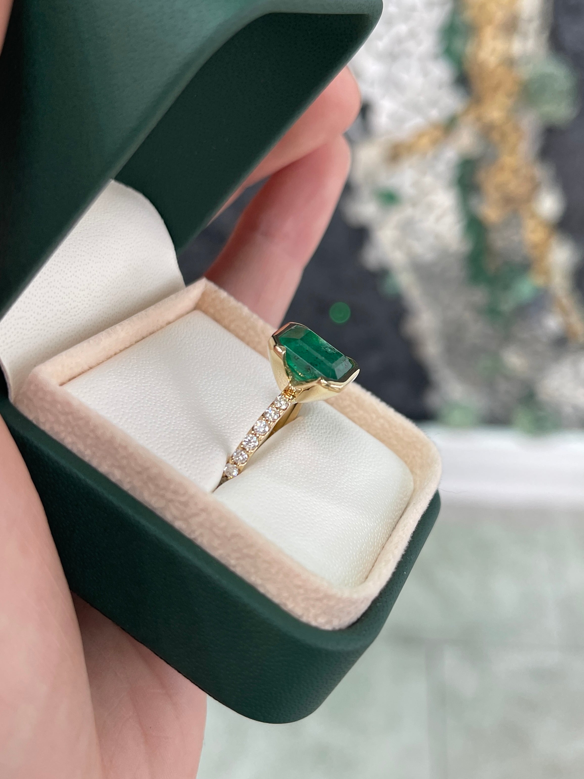 3.69tcw Stacking Friendly Semi Bezel Natural Emerald Solitaire with Diamond Accents 14K