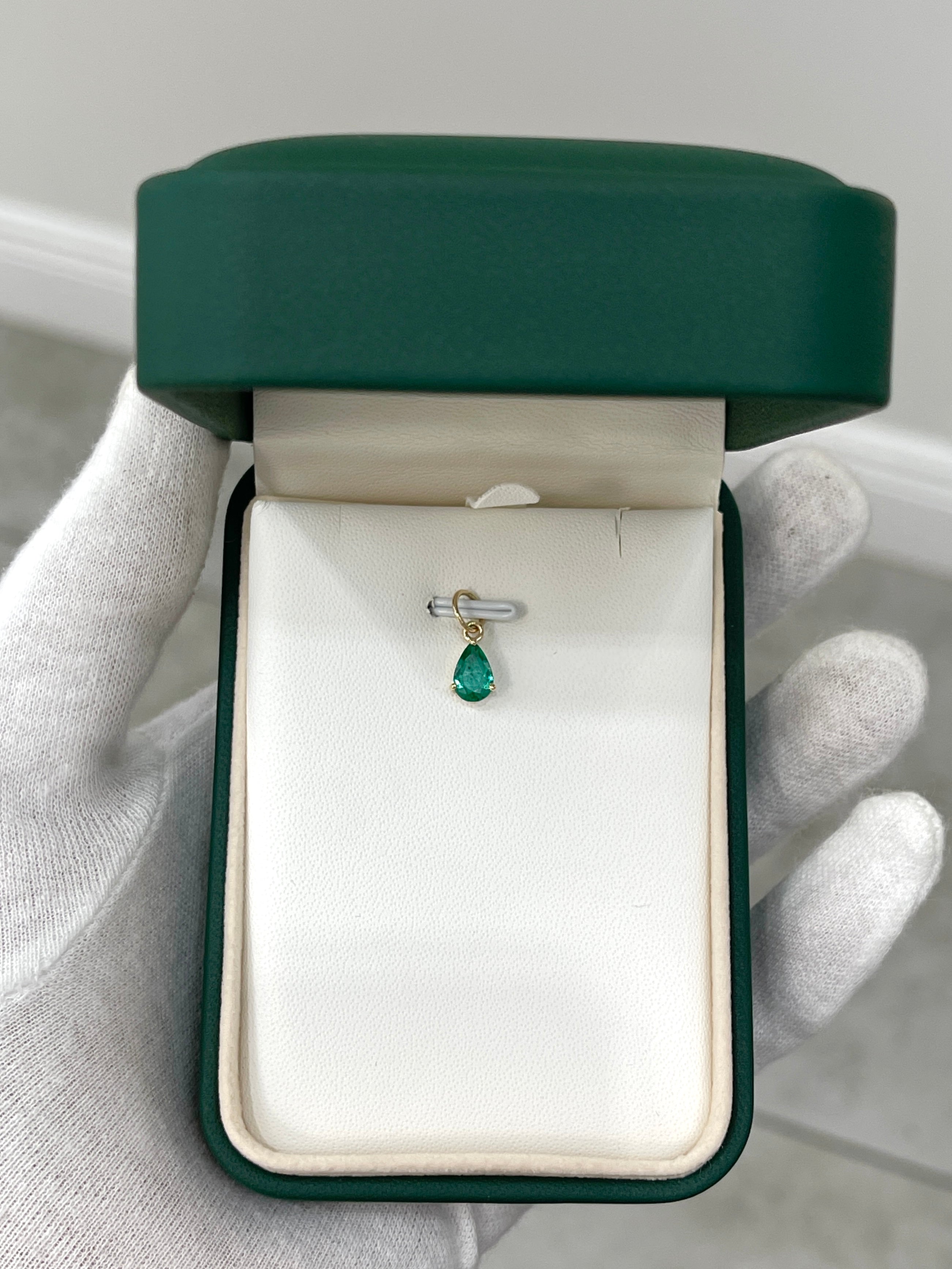 0.70ct Petite Natural Freckled Teardrop Emerald Prong Pendant 14K