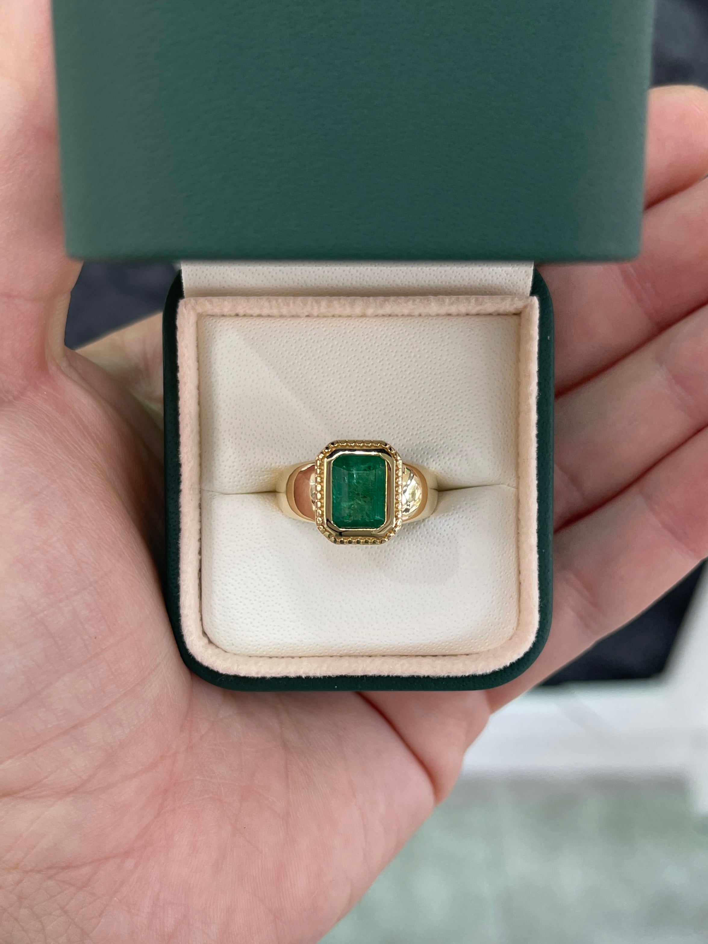 2.20cts Wide Milgrain Bezel Set Emerald Solitaire Ring 14K - JR Colombian Emeralds