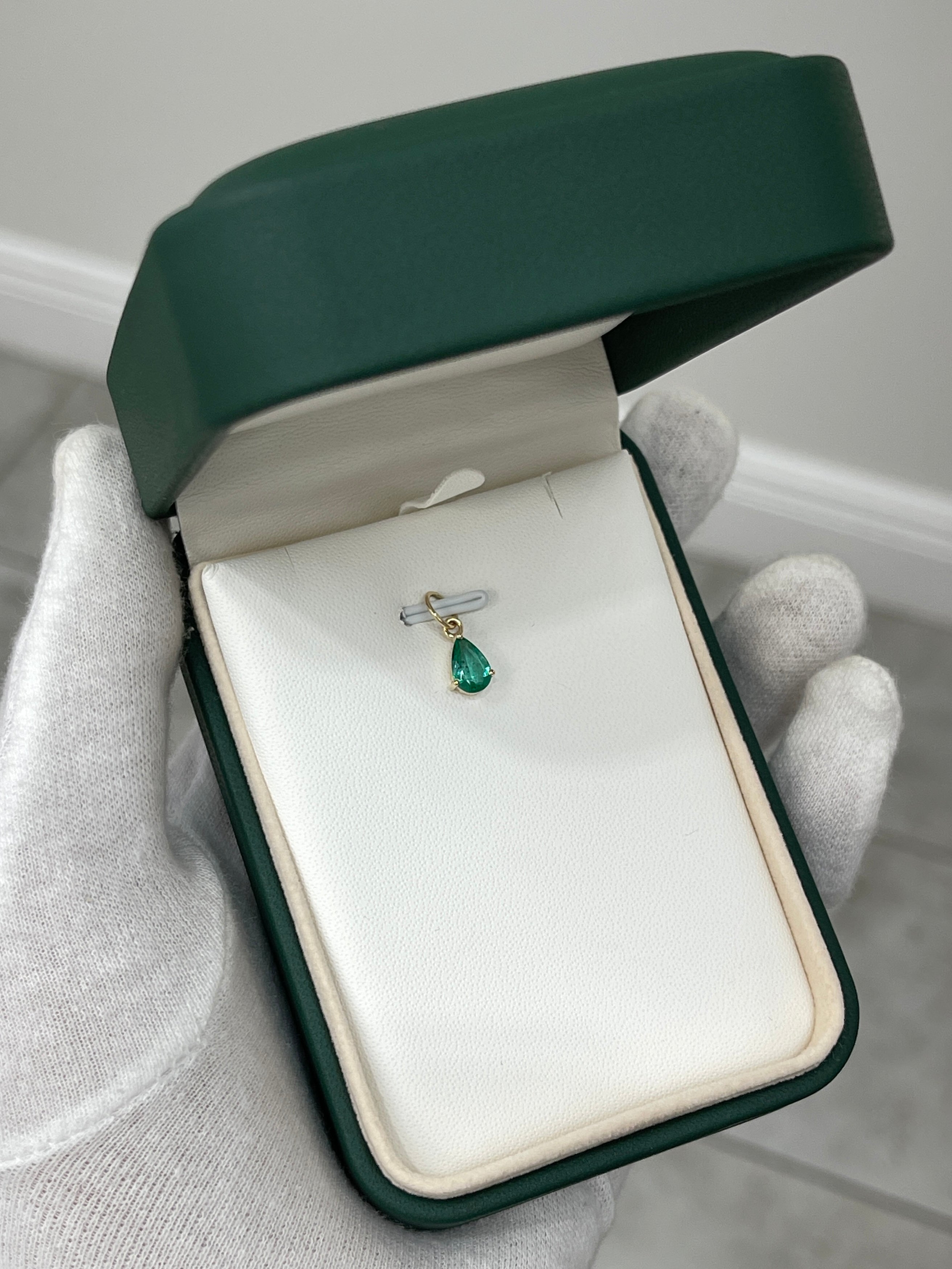 0.70ct Petite Natural Freckled Teardrop Emerald Prong Pendant 14K