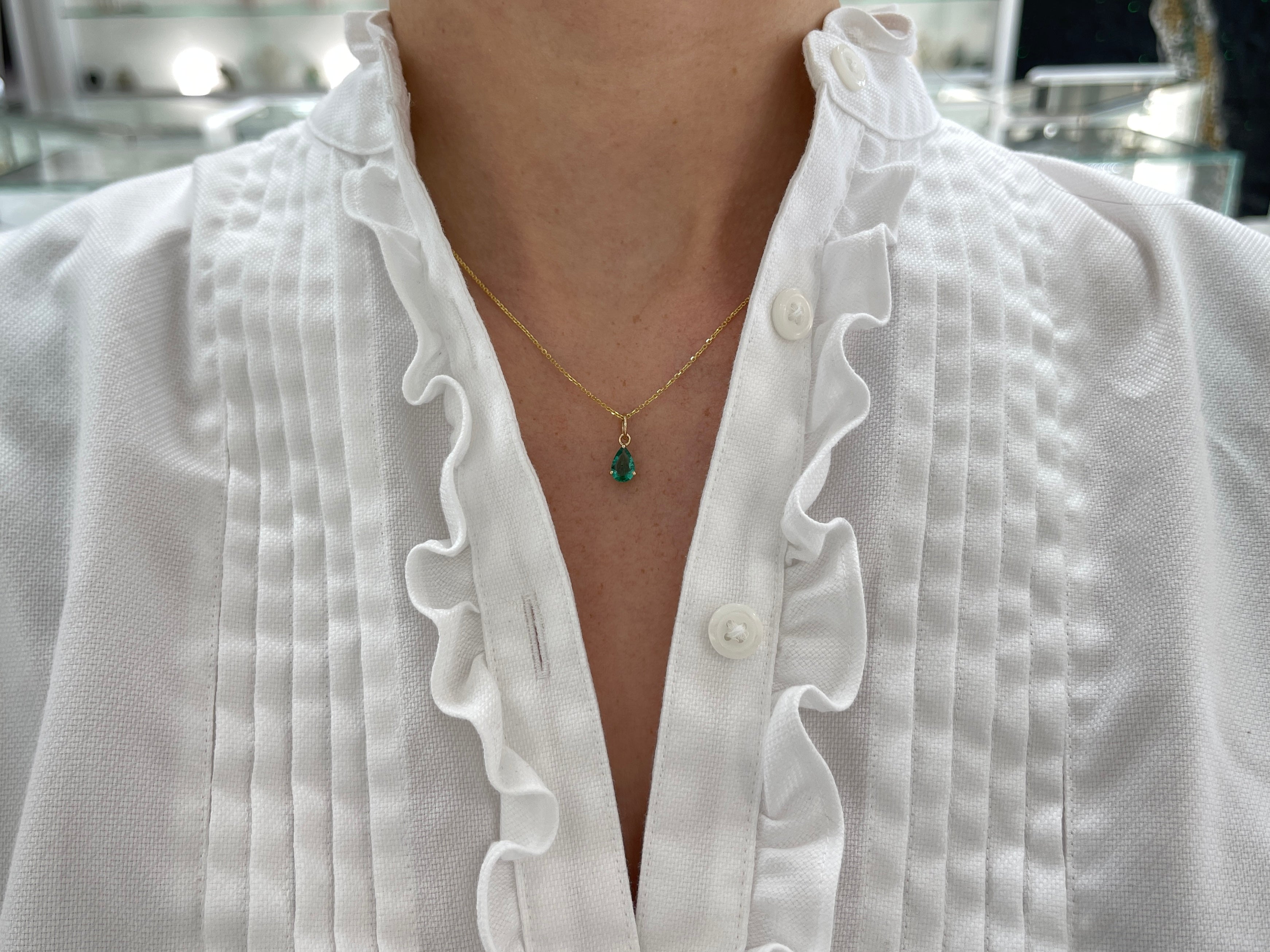0.70ct Petite Natural Freckled Teardrop Emerald Prong Pendant 14K