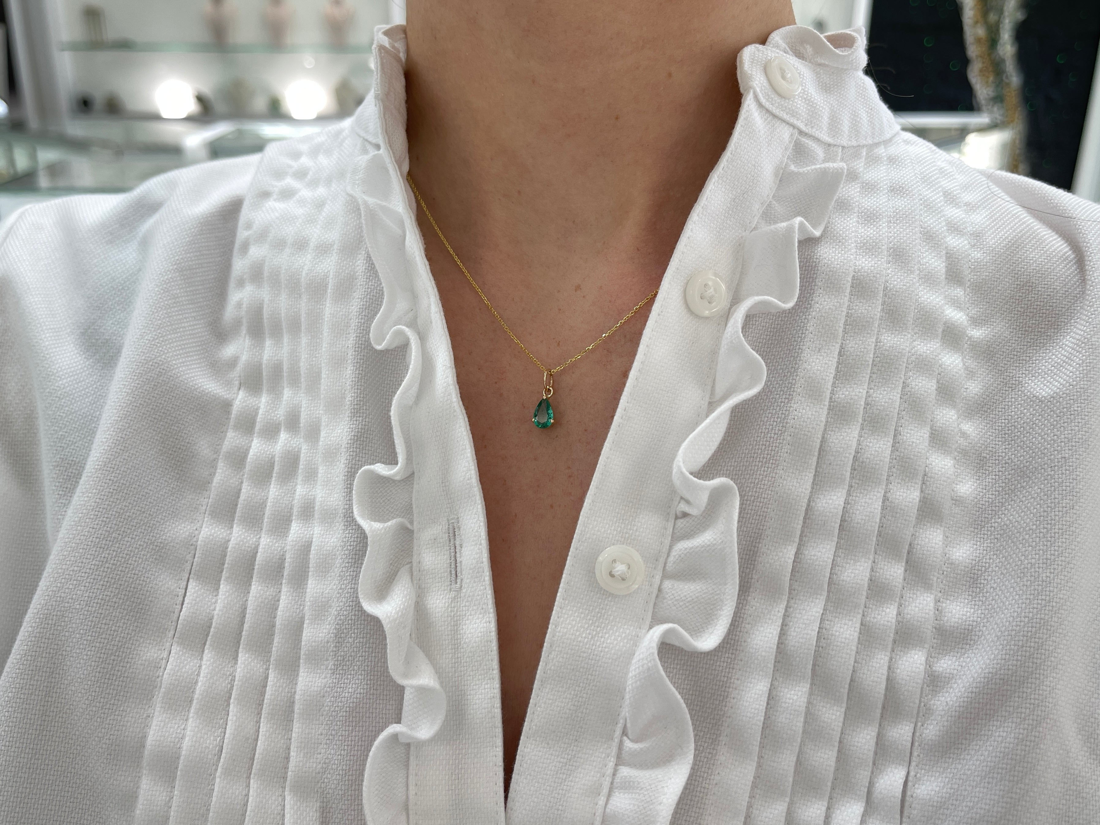 0.70ct Petite Natural Freckled Teardrop Emerald Prong Pendant 14K