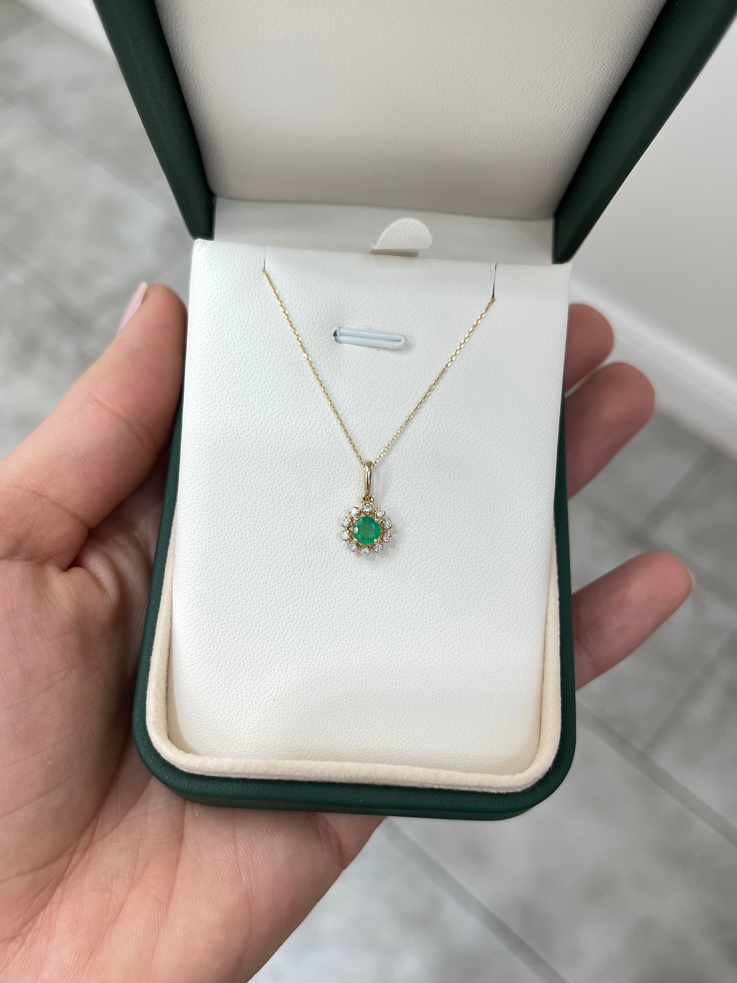 Petite Round Emerald & Diamond Halo Necklace 14K