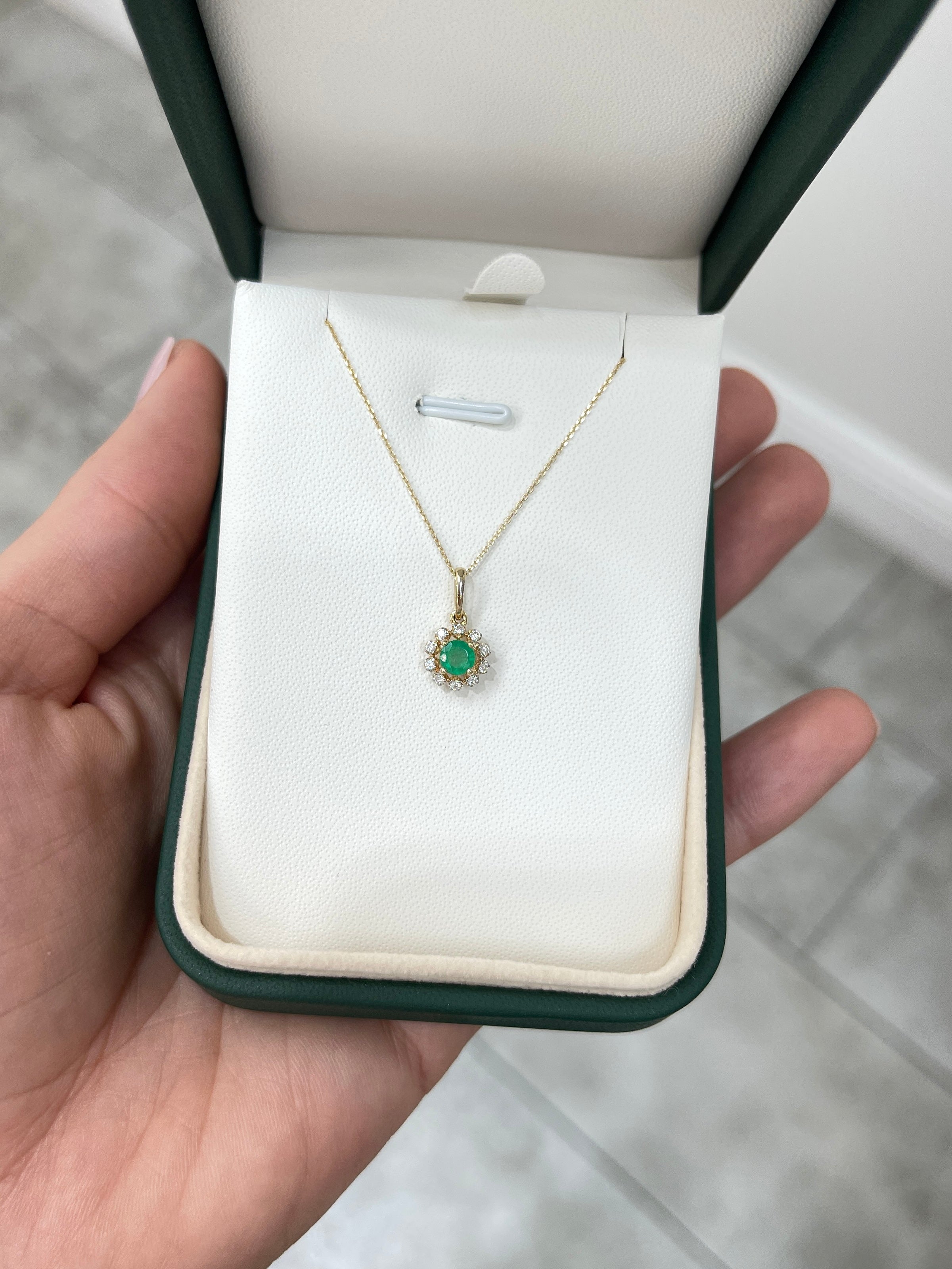 Petite Round Emerald & Diamond Halo Necklace 14K