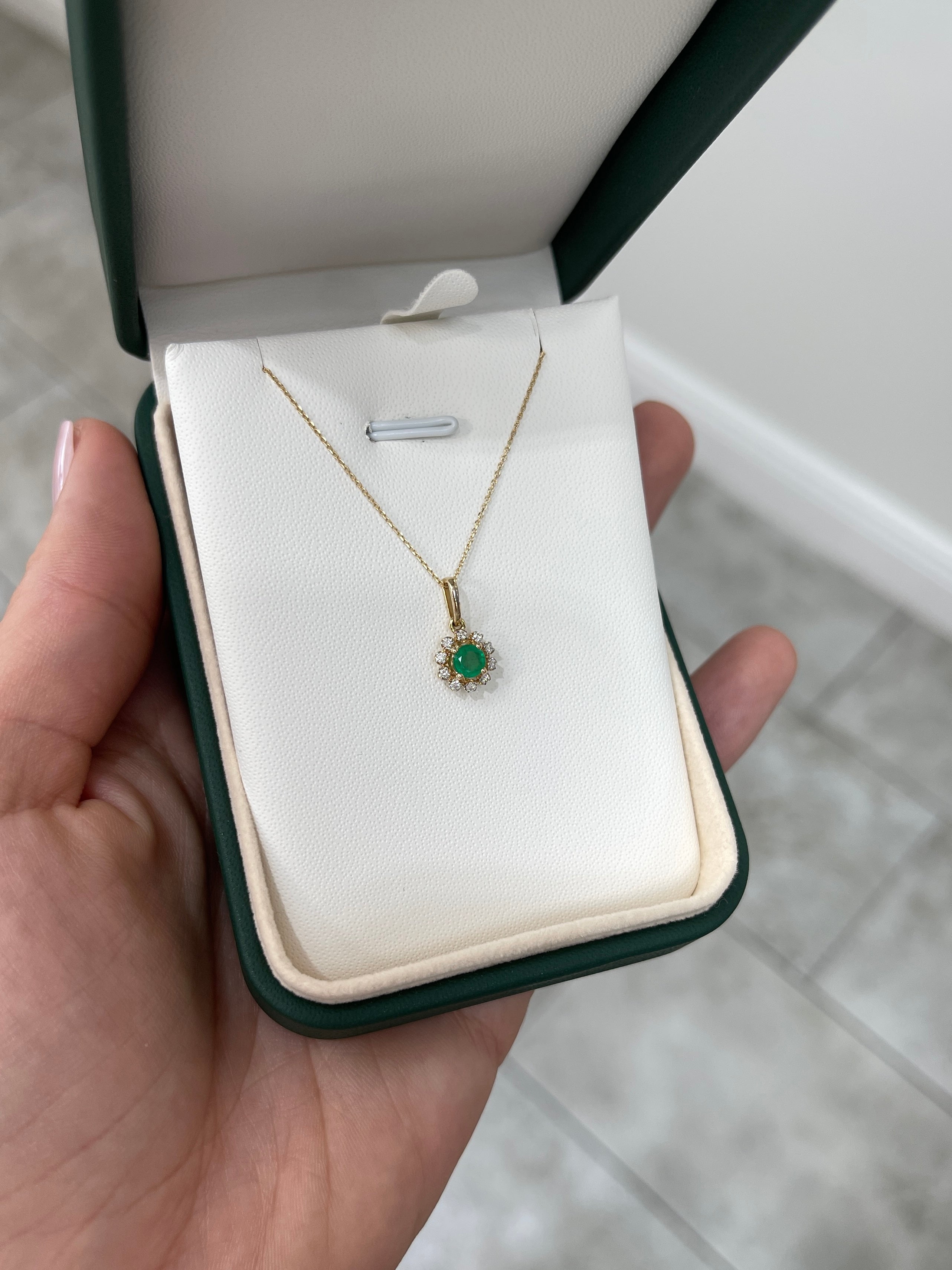 Petite Round Emerald & Diamond Halo Necklace 14K