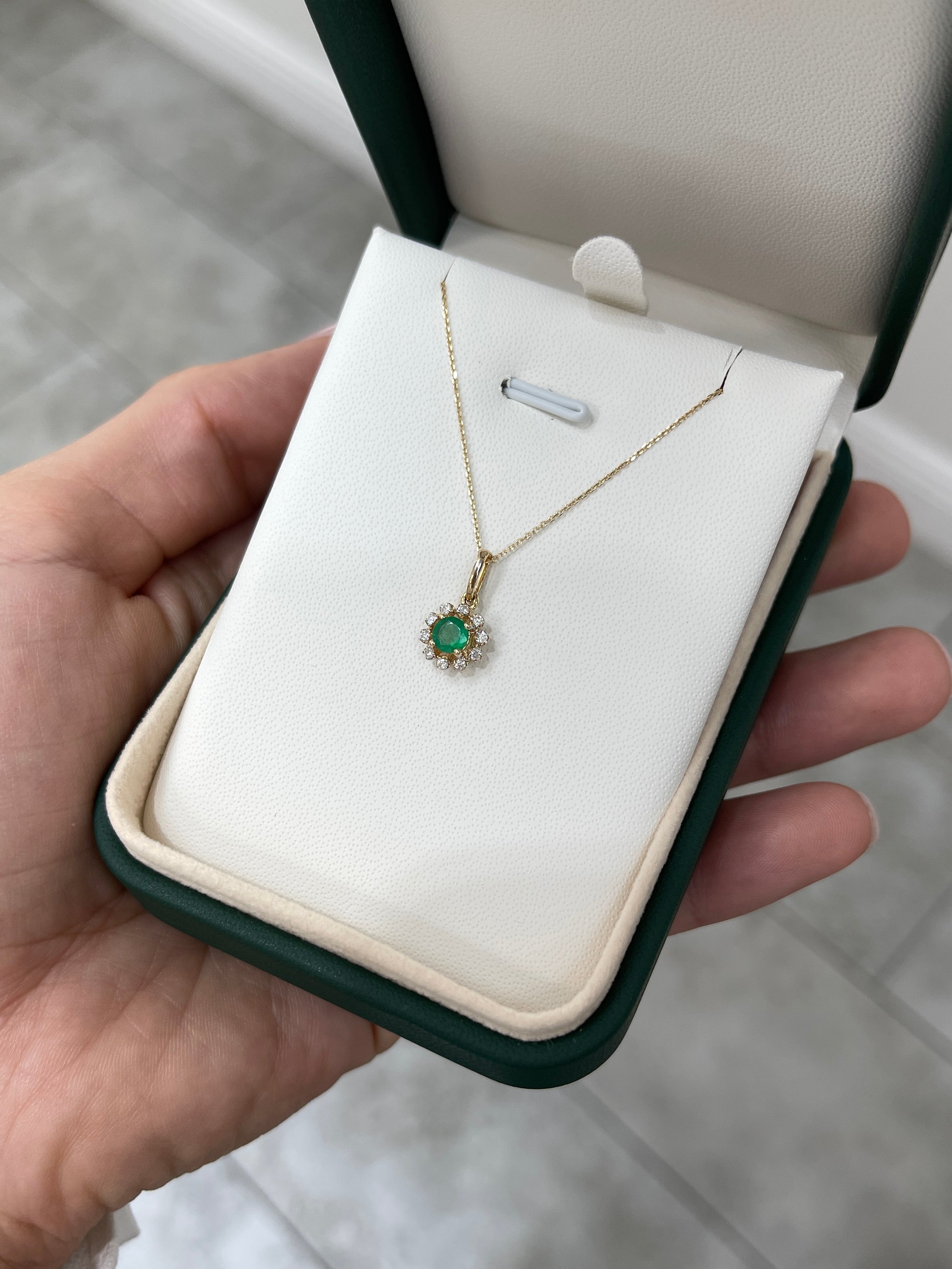 Petite Round Emerald & Diamond Halo Necklace 14K