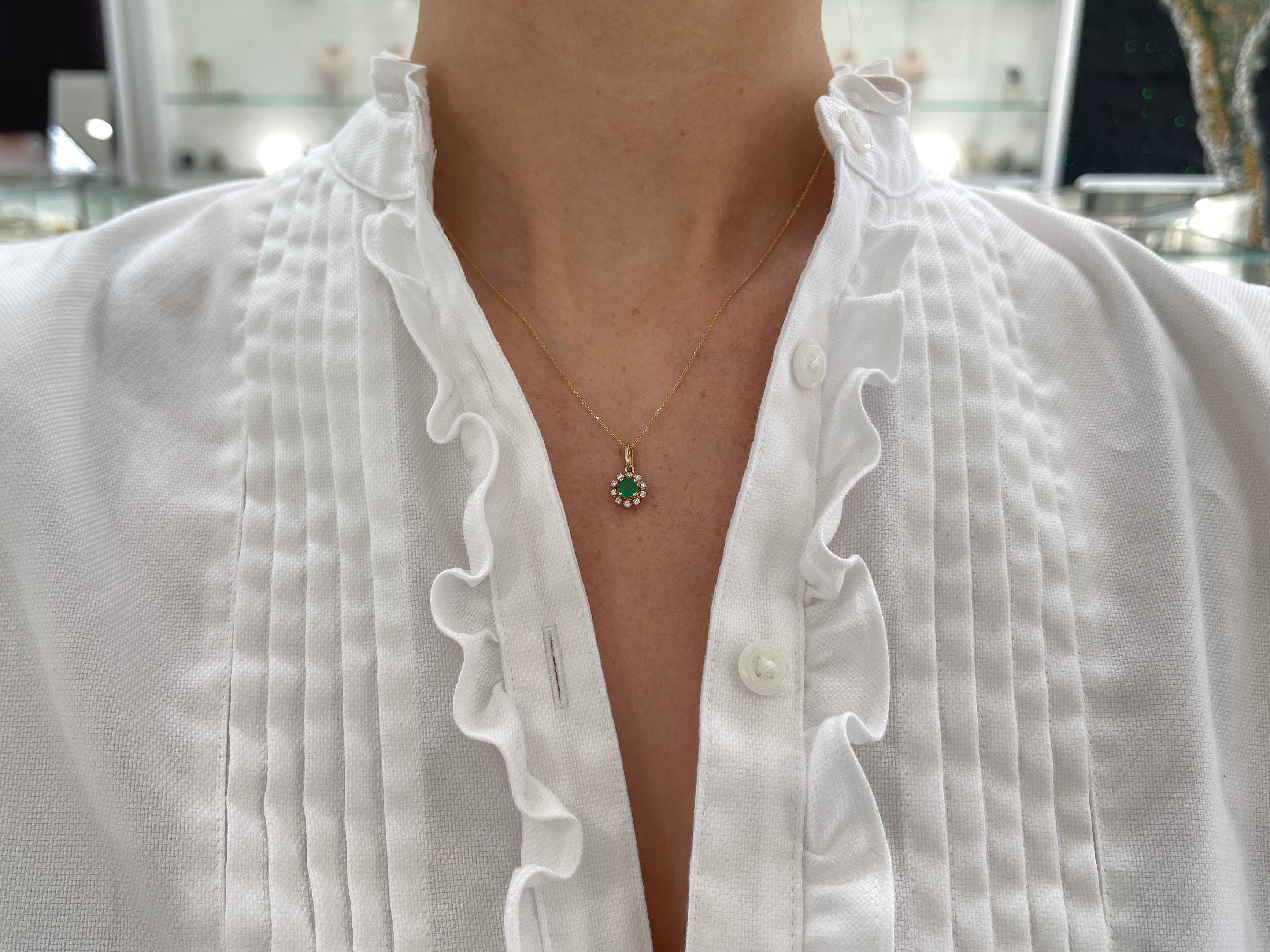 Petite Round Emerald & Diamond Halo Necklace 14K