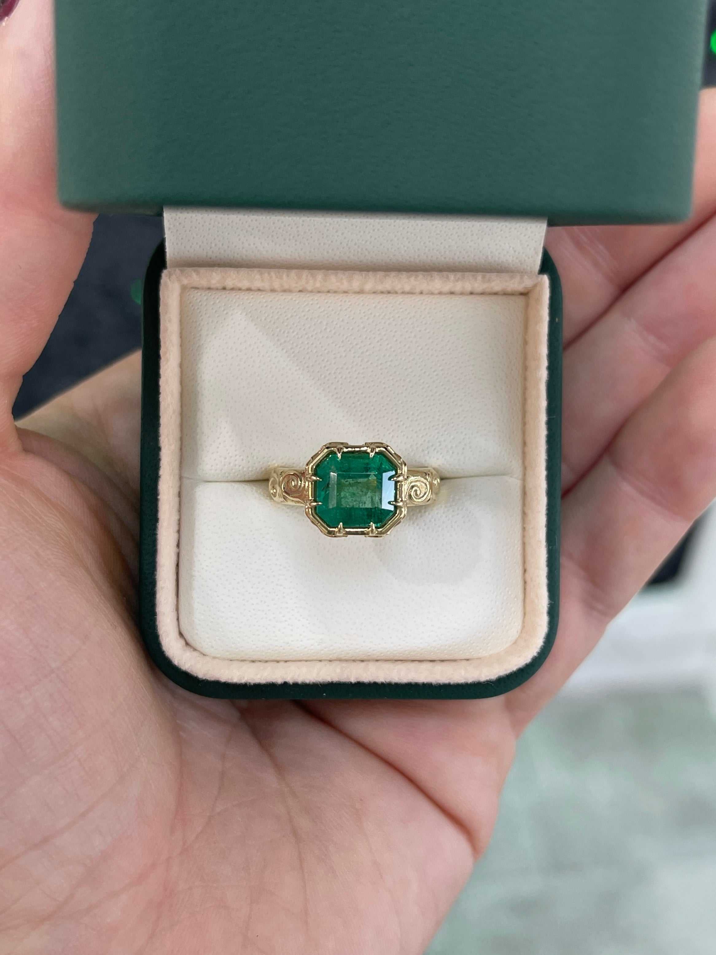 2.85 Carat 14K Scroll Work Chunky Emerald Cut Ladies Engagement Ring - JR Colombian Emeralds