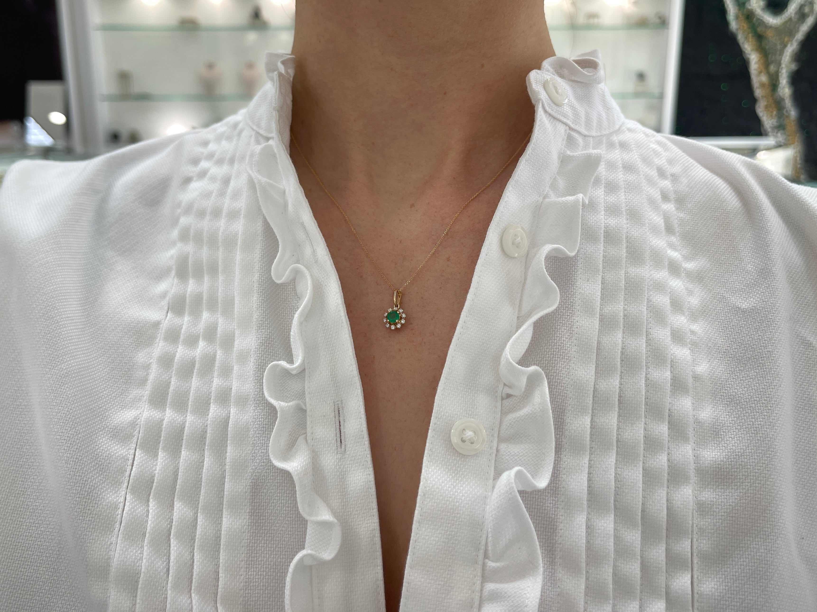 Petite Round Emerald & Diamond Halo Necklace 14K