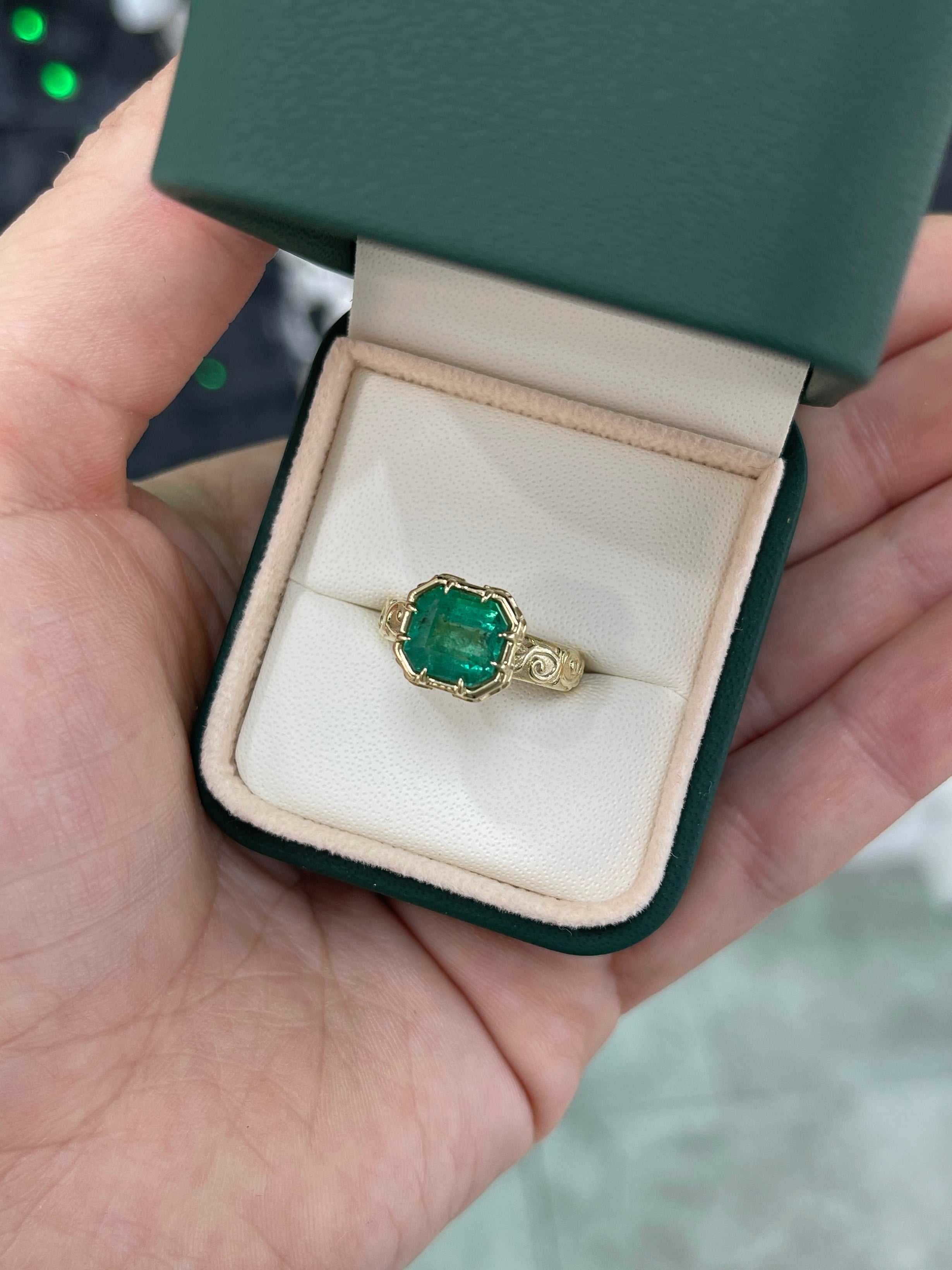 2.85 Carat 14K Scroll Work Chunky Emerald Cut Ladies Engagement Ring - JR Colombian Emeralds