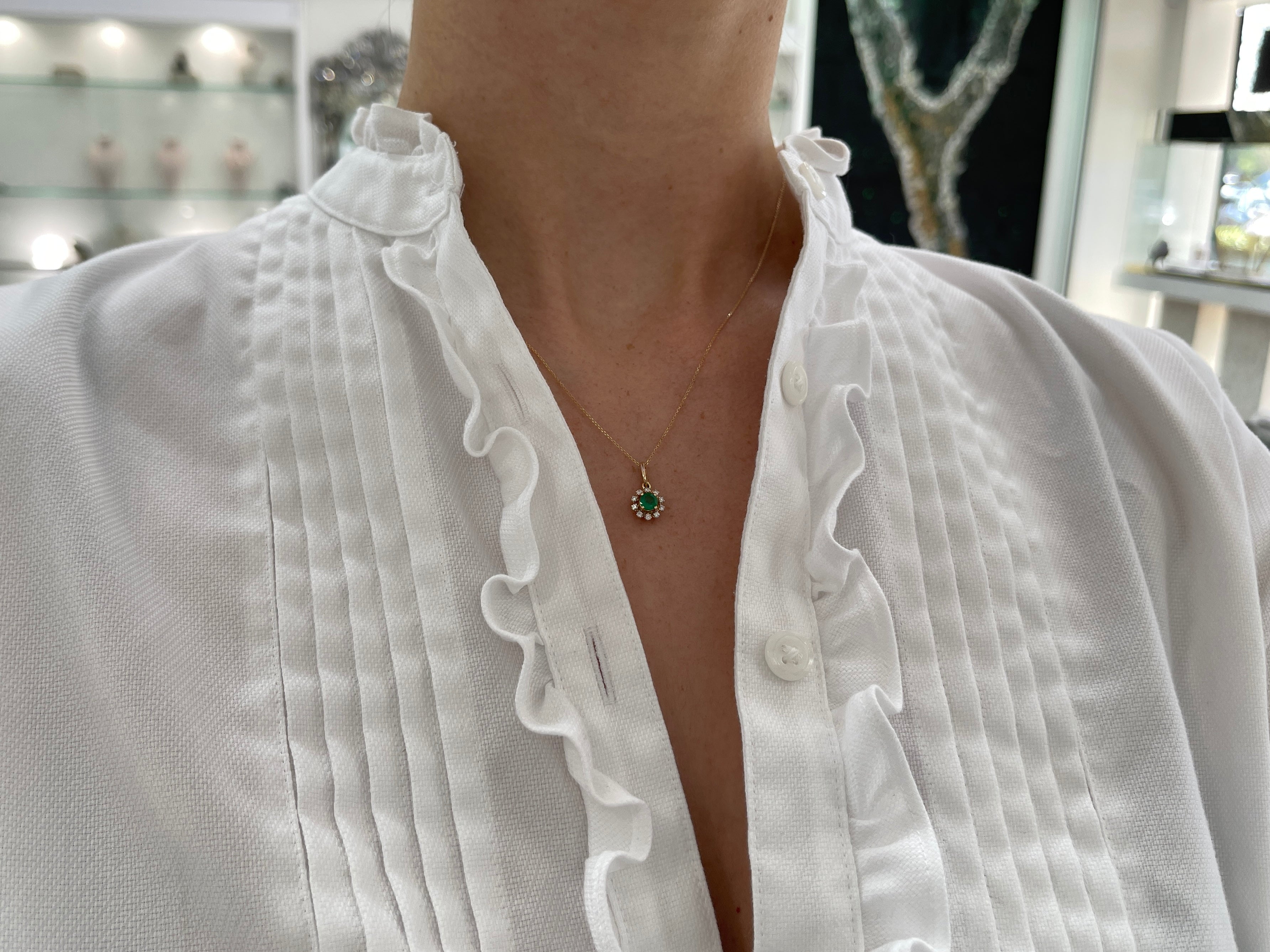 Petite Round Emerald & Diamond Halo Necklace 14K
