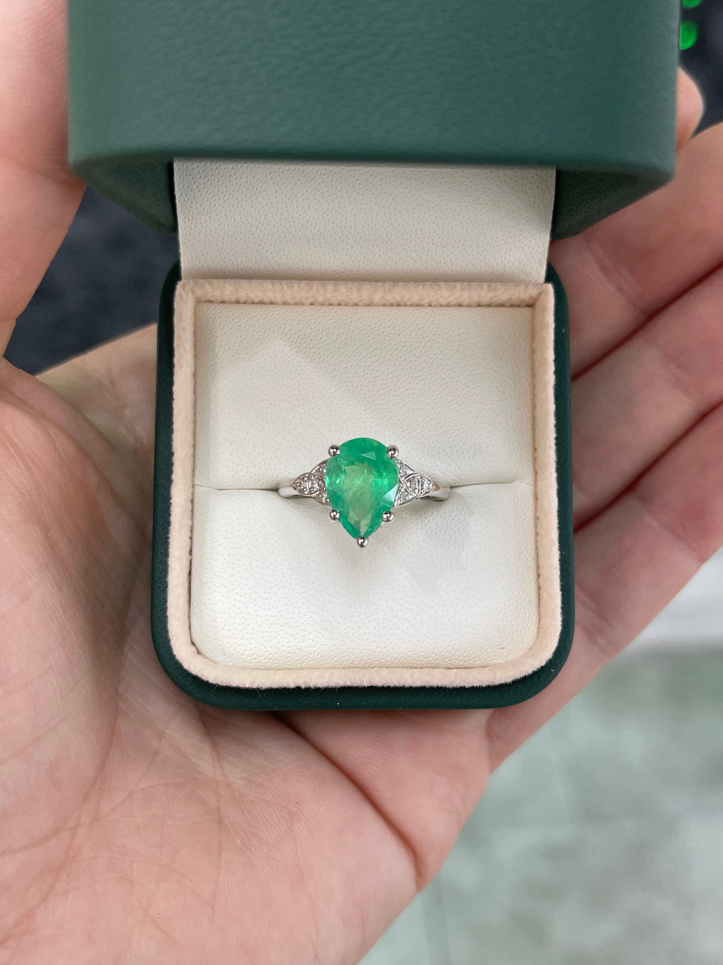 3.11tcw 14K Pear Shaped Emerald & Diamond Accent Ring White Gold