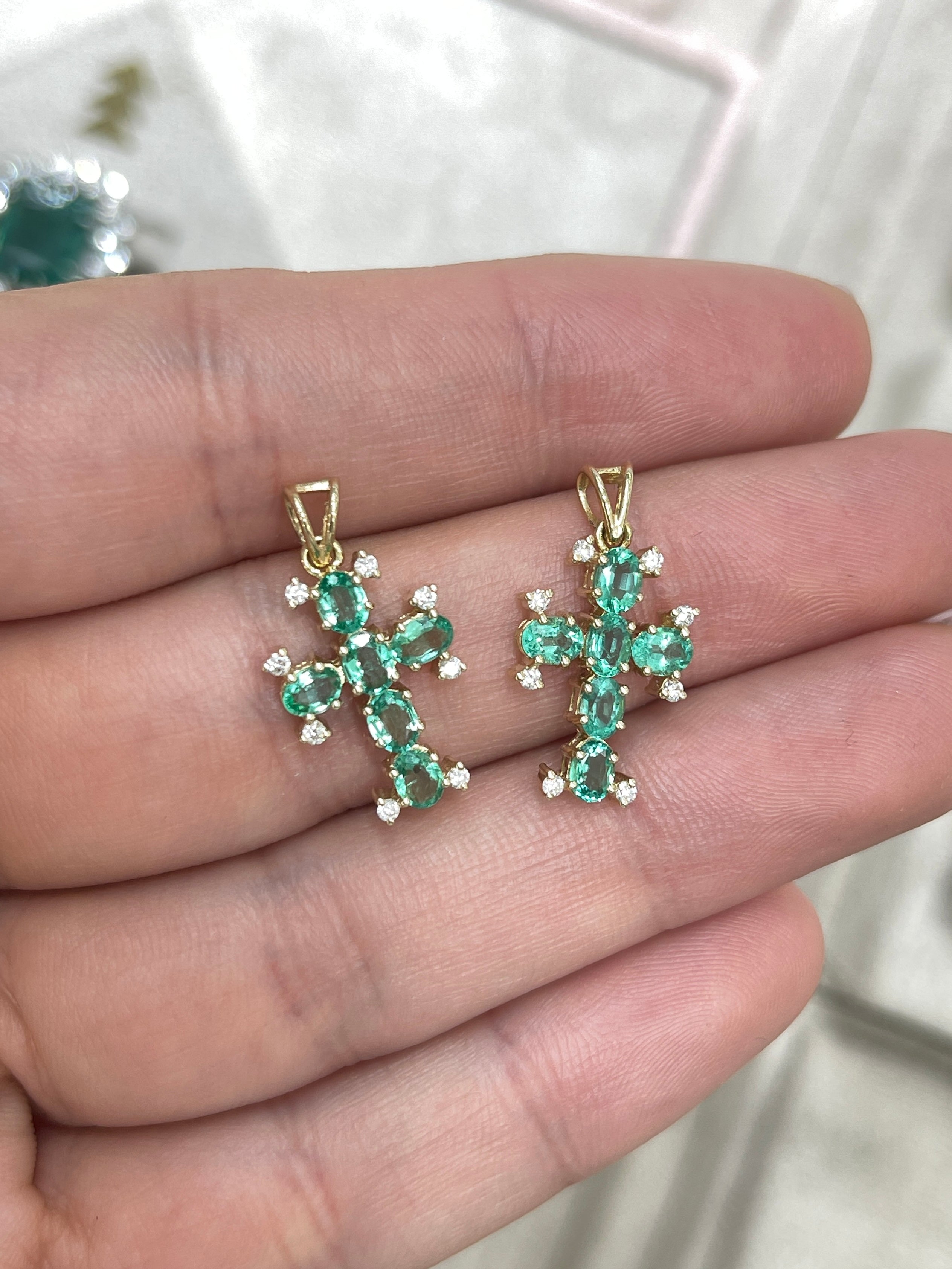 Kimber 1.05tcw Oval Emerald & Diamond Cross Pendant 14K - JR Colombian Emeralds