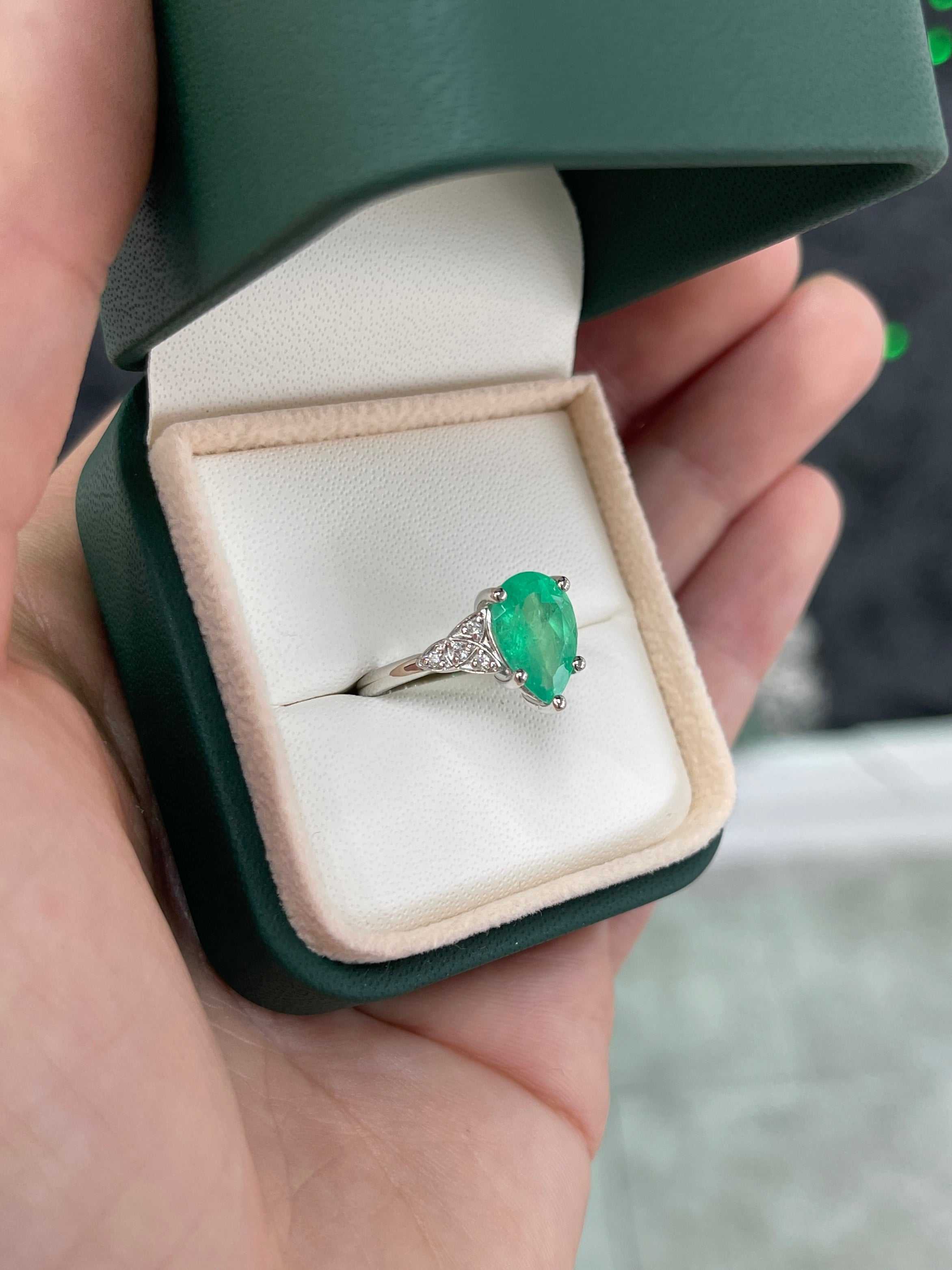3.11tcw 14K Pear Shaped Emerald & Diamond Accent Ring White Gold
