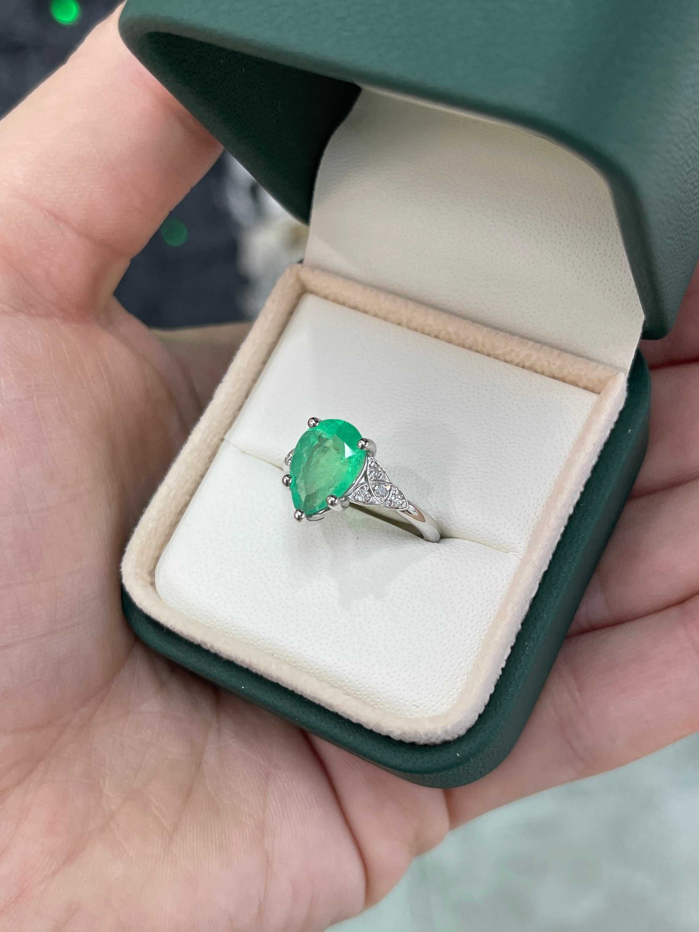 3.11tcw 14K Pear Shaped Emerald & Diamond Accent Ring White Gold