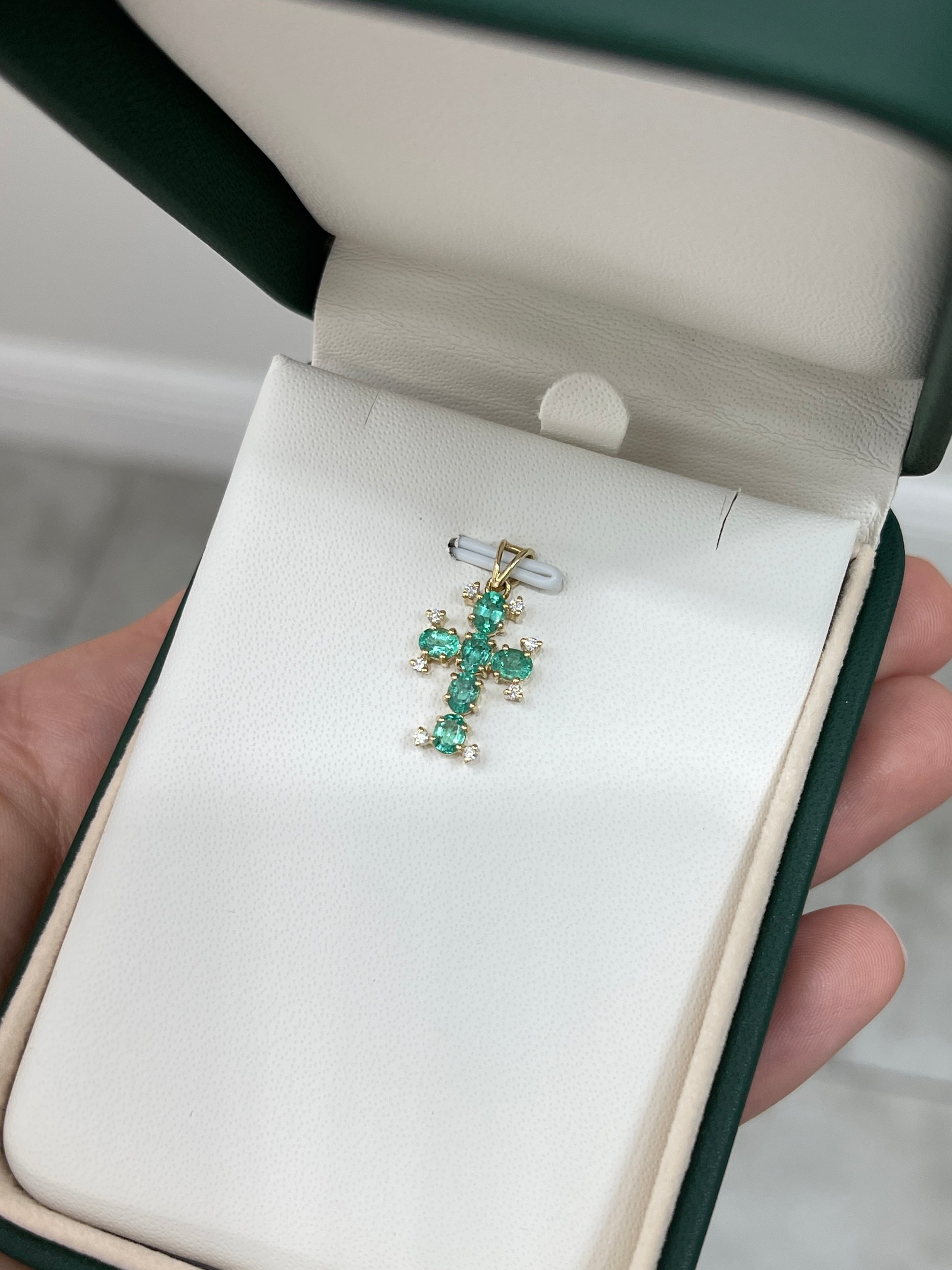 Kimber 1.05tcw Oval Emerald & Diamond Cross Pendant 14K - JR Colombian Emeralds