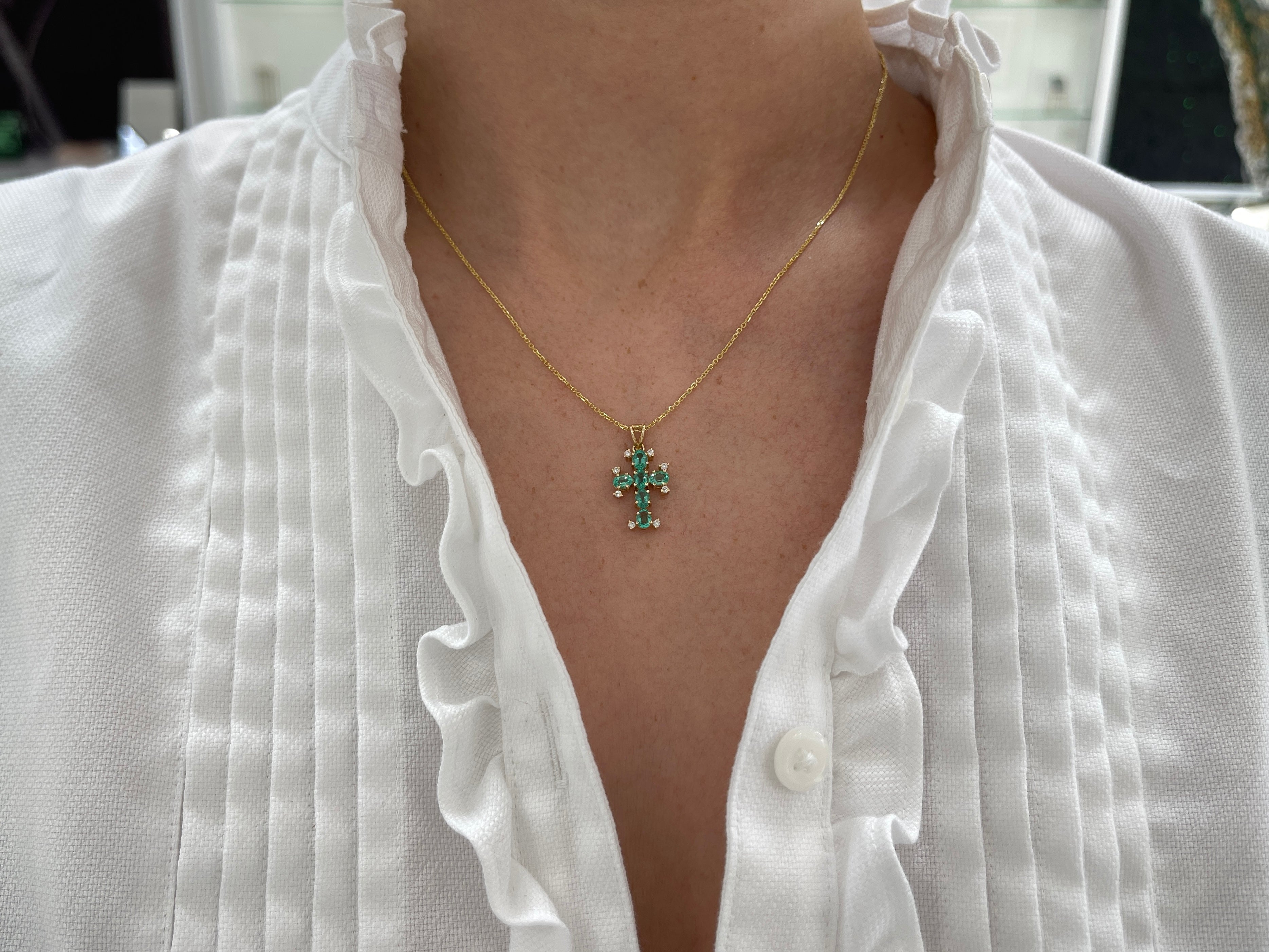 Kimber 1.05tcw Oval Emerald & Diamond Cross Pendant 14K - JR Colombian Emeralds