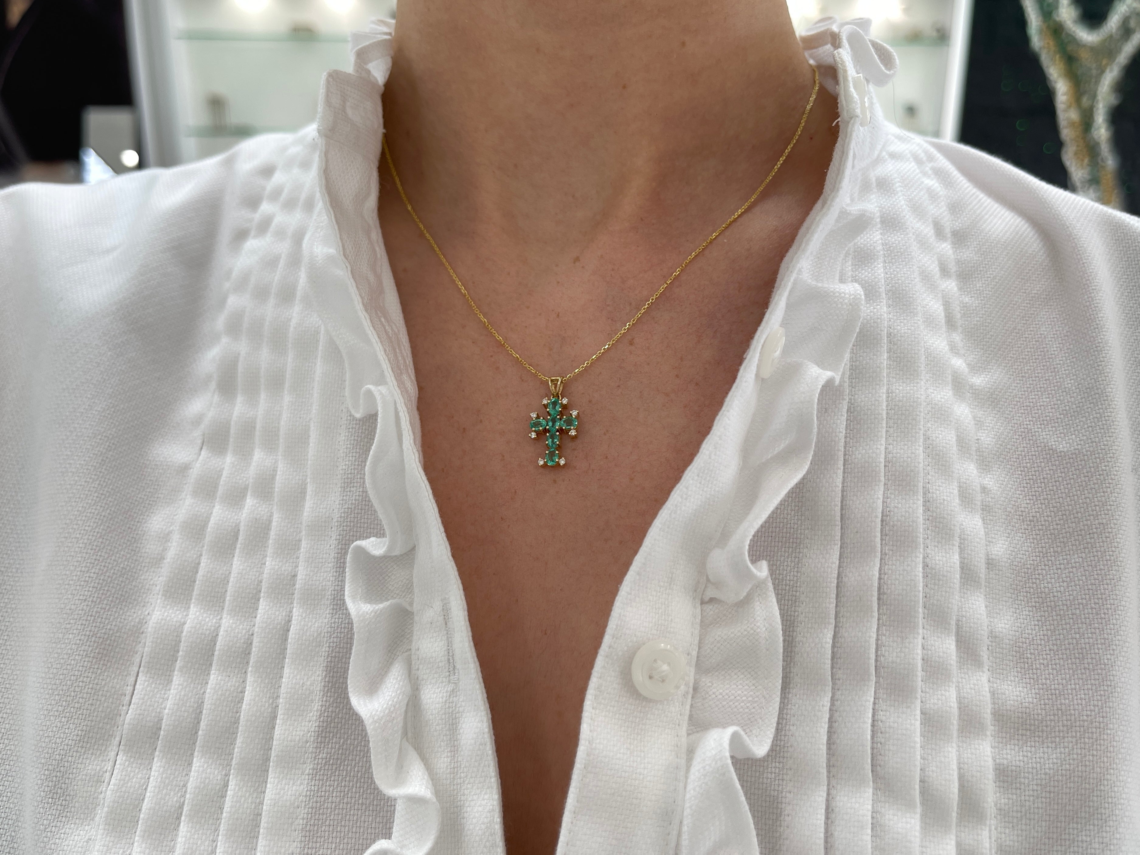 Kimber 1.05tcw Oval Emerald & Diamond Cross Pendant 14K - JR Colombian Emeralds