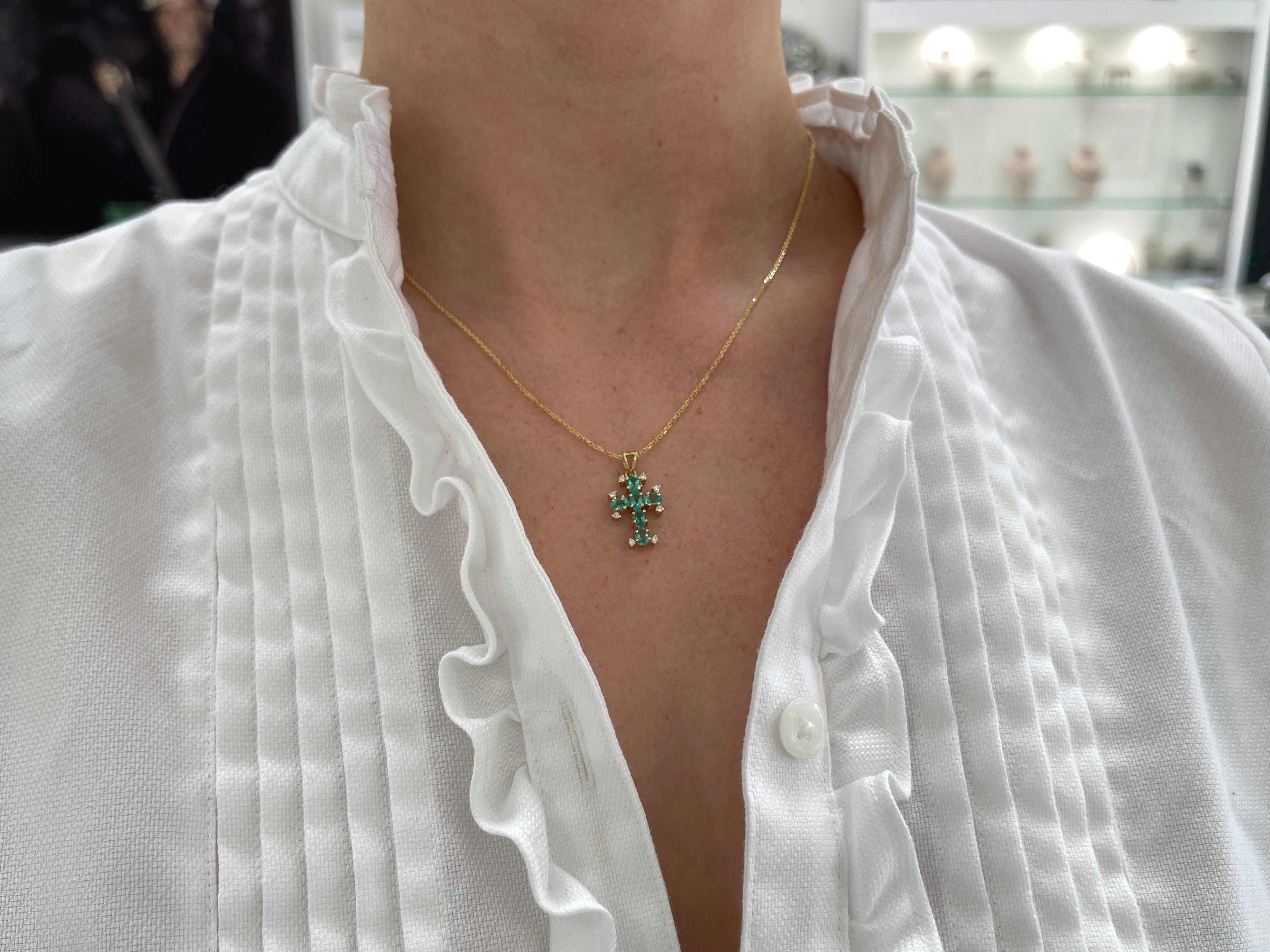 Kimber 1.05tcw Oval Emerald & Diamond Cross Pendant 14K - JR Colombian Emeralds