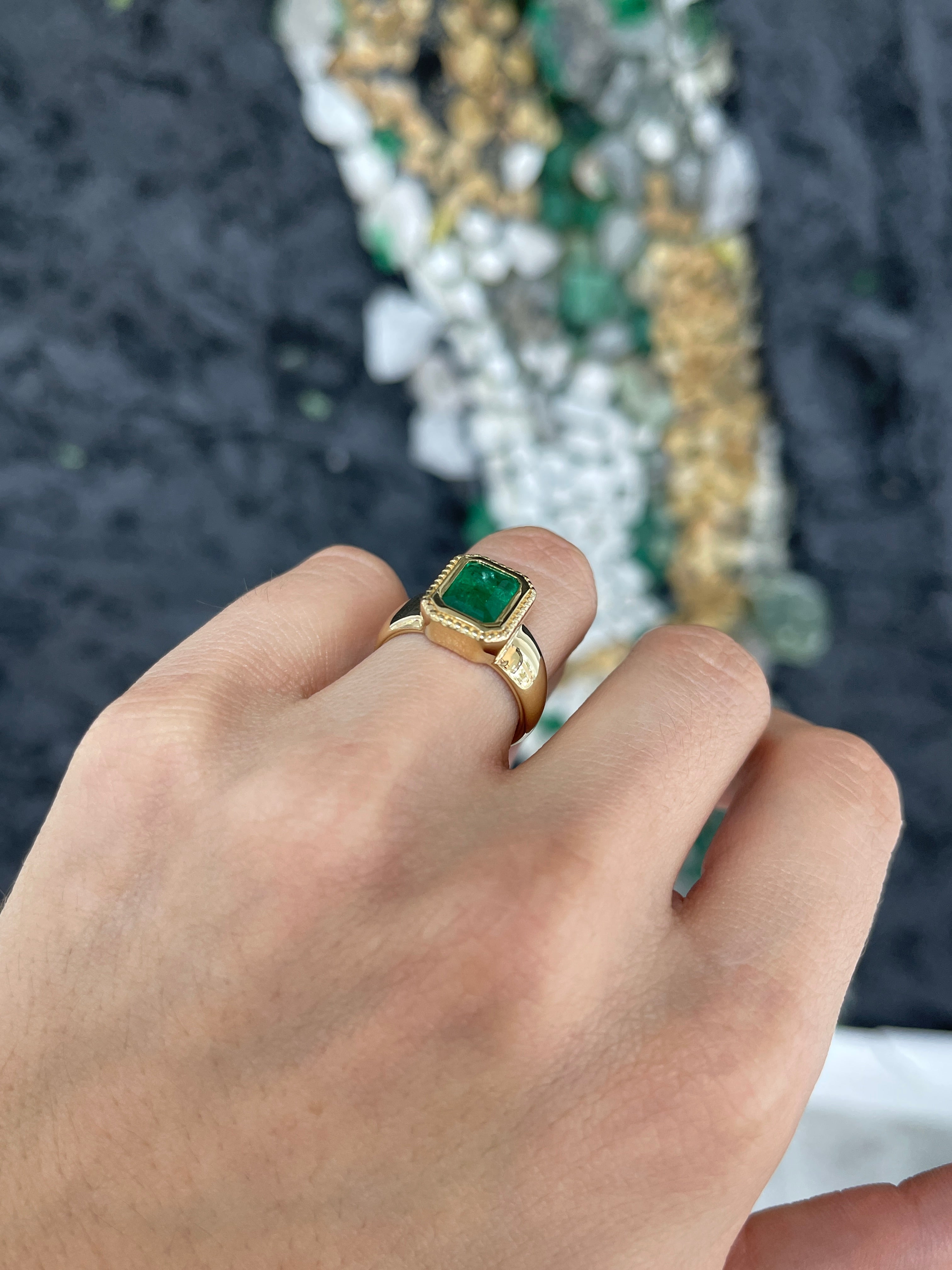 2.20cts Wide Milgrain Bezel Set Emerald Solitaire Ring 14K - JR Colombian Emeralds