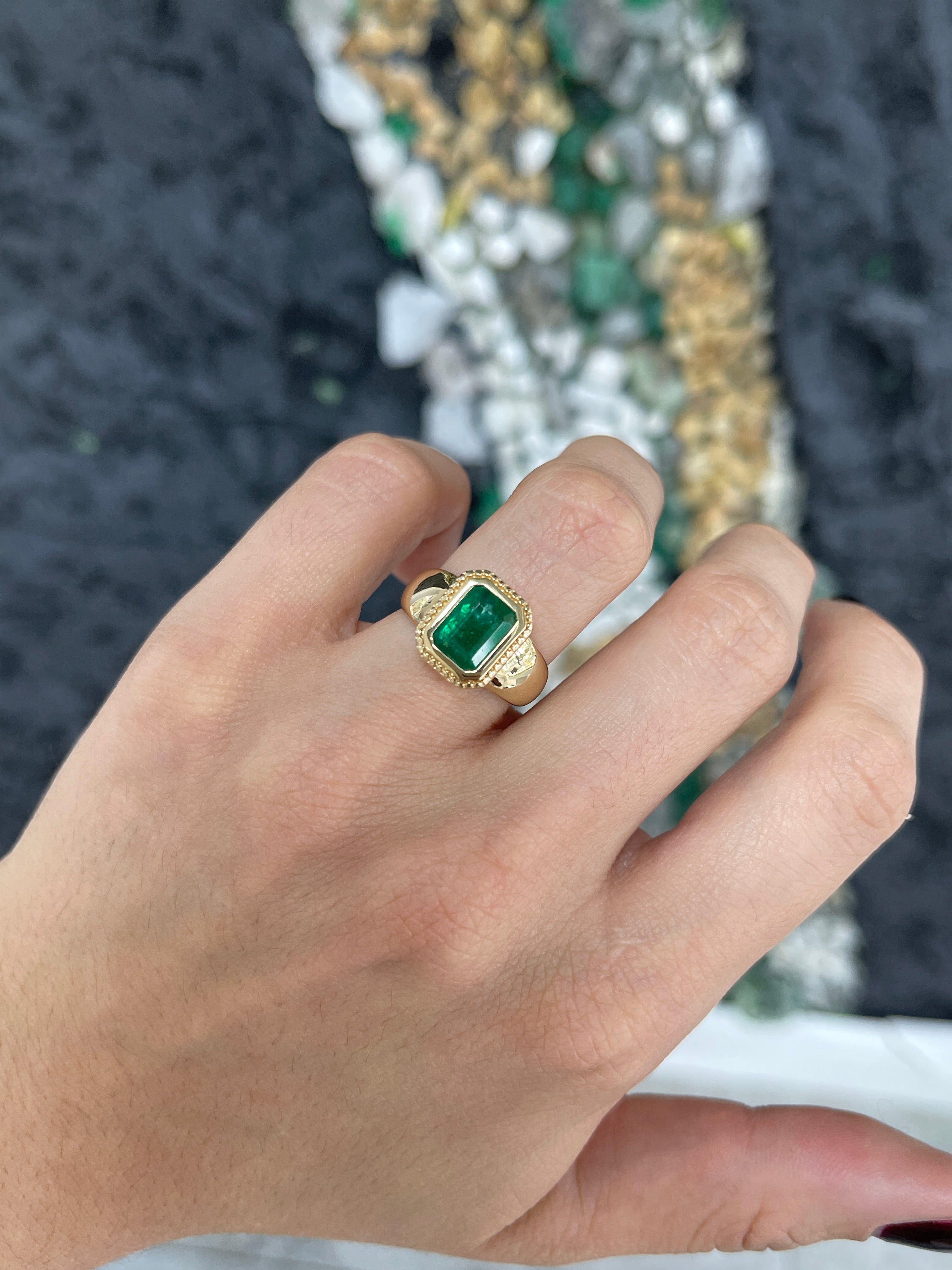 2.20cts Wide Milgrain Bezel Set Emerald Solitaire Ring 14K - JR Colombian Emeralds