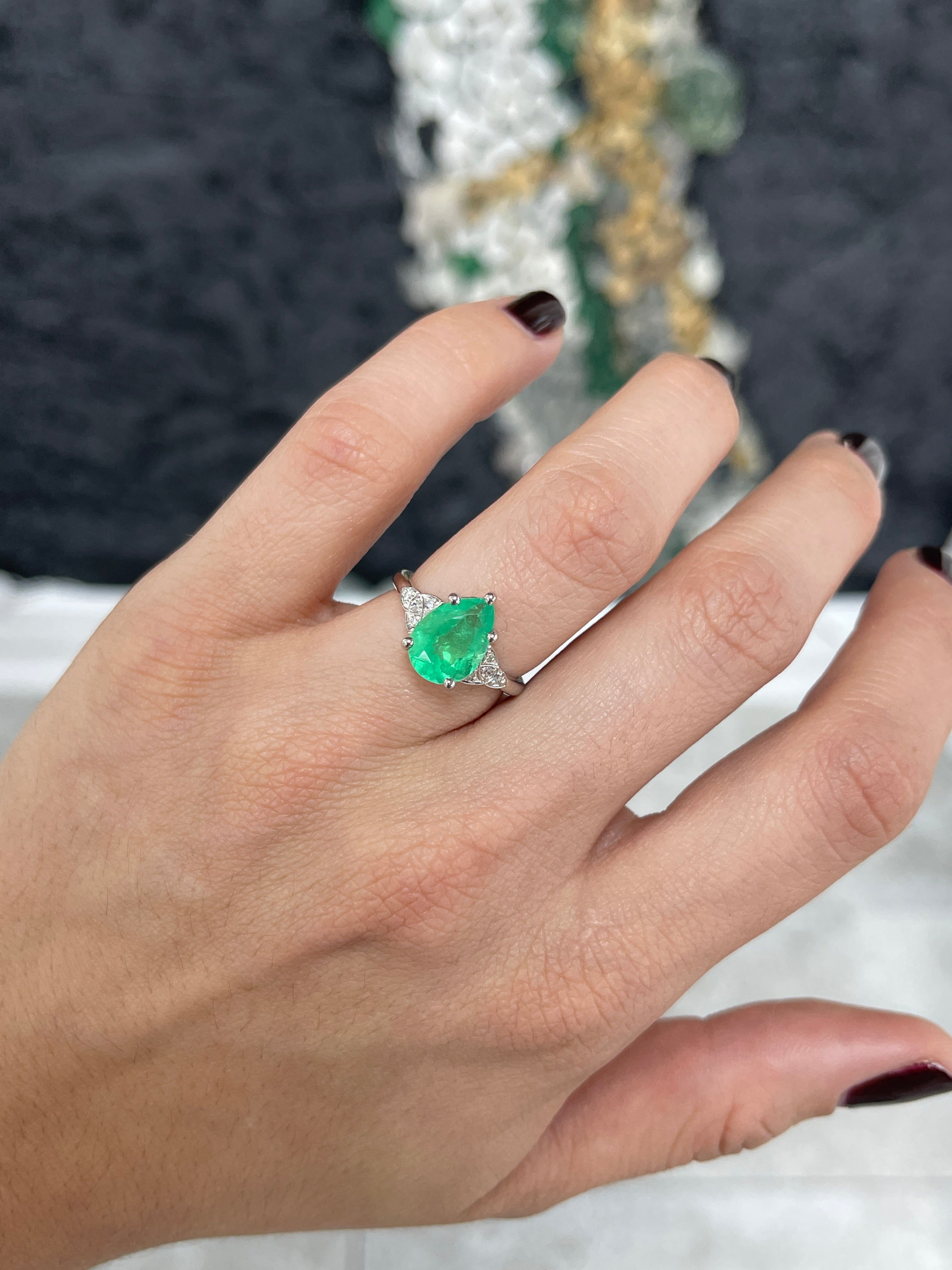 3.11tcw 14K Pear Shaped Emerald & Diamond Accent Ring White Gold