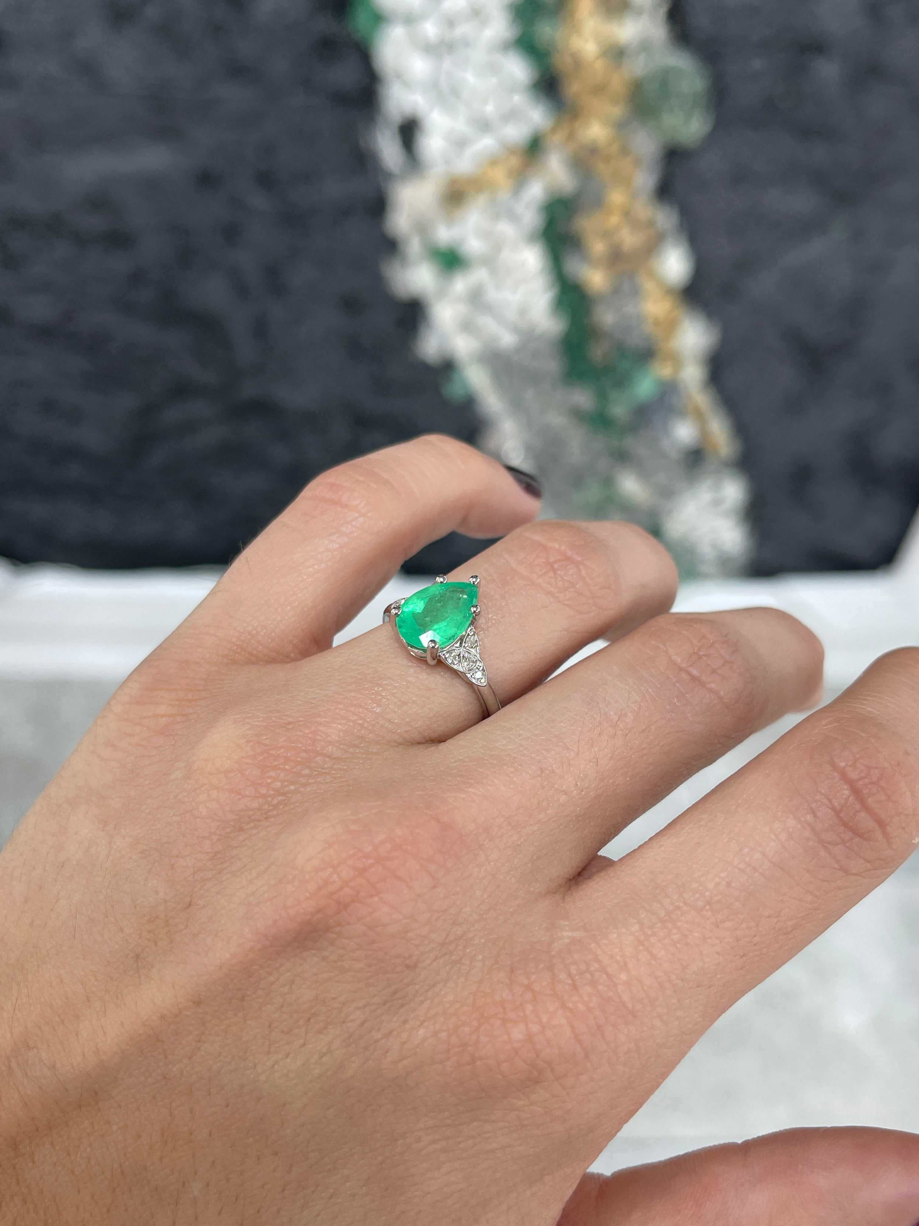 3.11tcw 14K Pear Shaped Emerald & Diamond Accent Ring White Gold