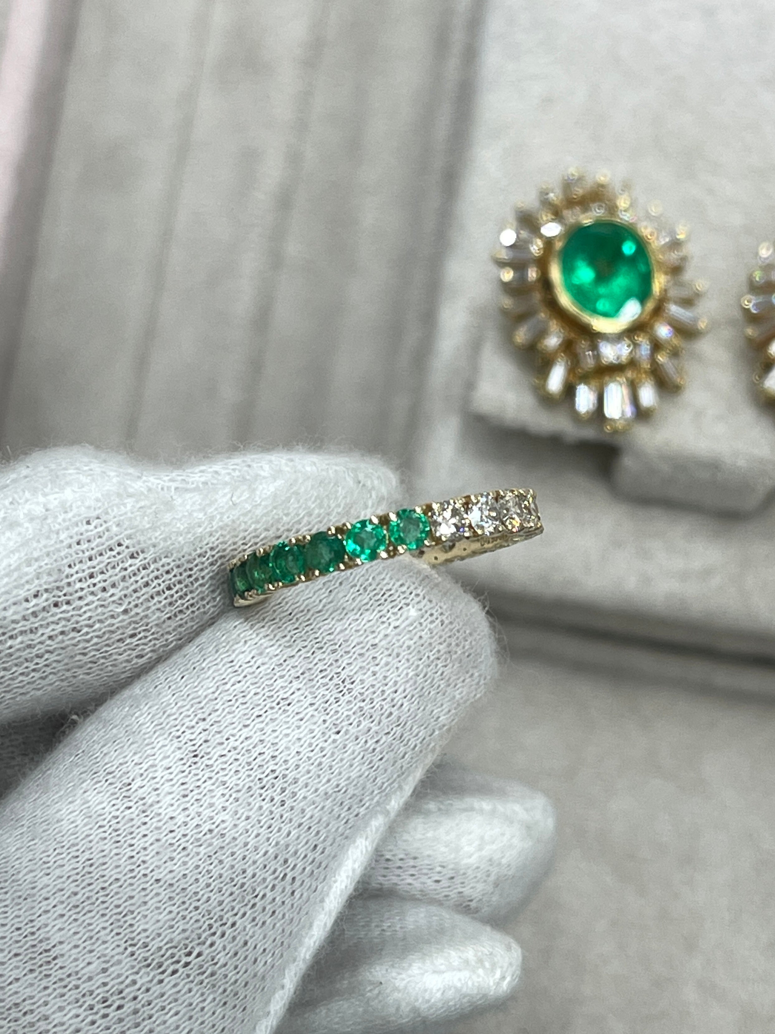 Half Round Emerald & Half Round Diamond Eternity Band 14K Gold- Size 7 - JR Colombian Emeralds