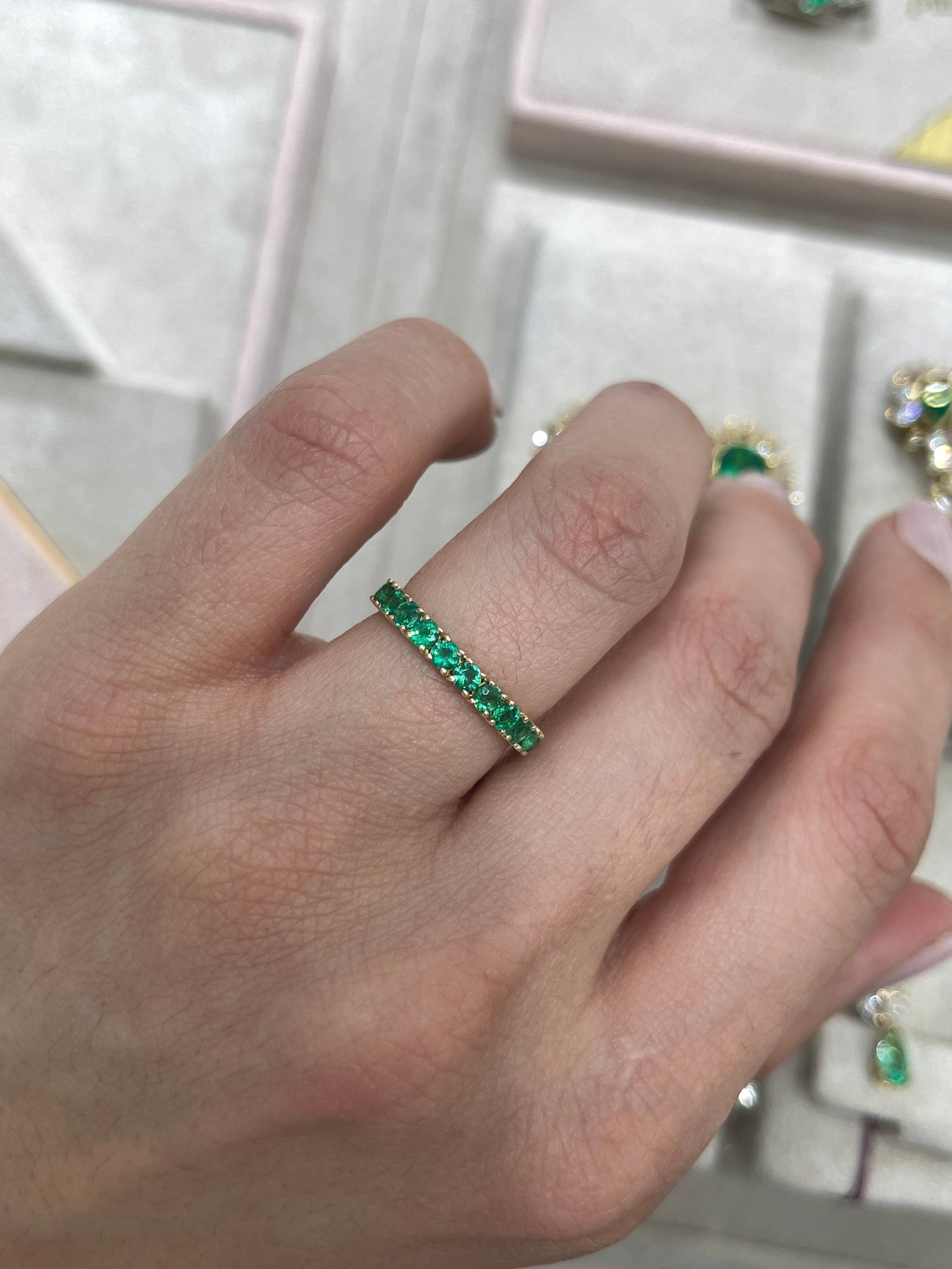 Half Round Emerald & Half Round Diamond Eternity Band 14K Gold- Size 7 - JR Colombian Emeralds