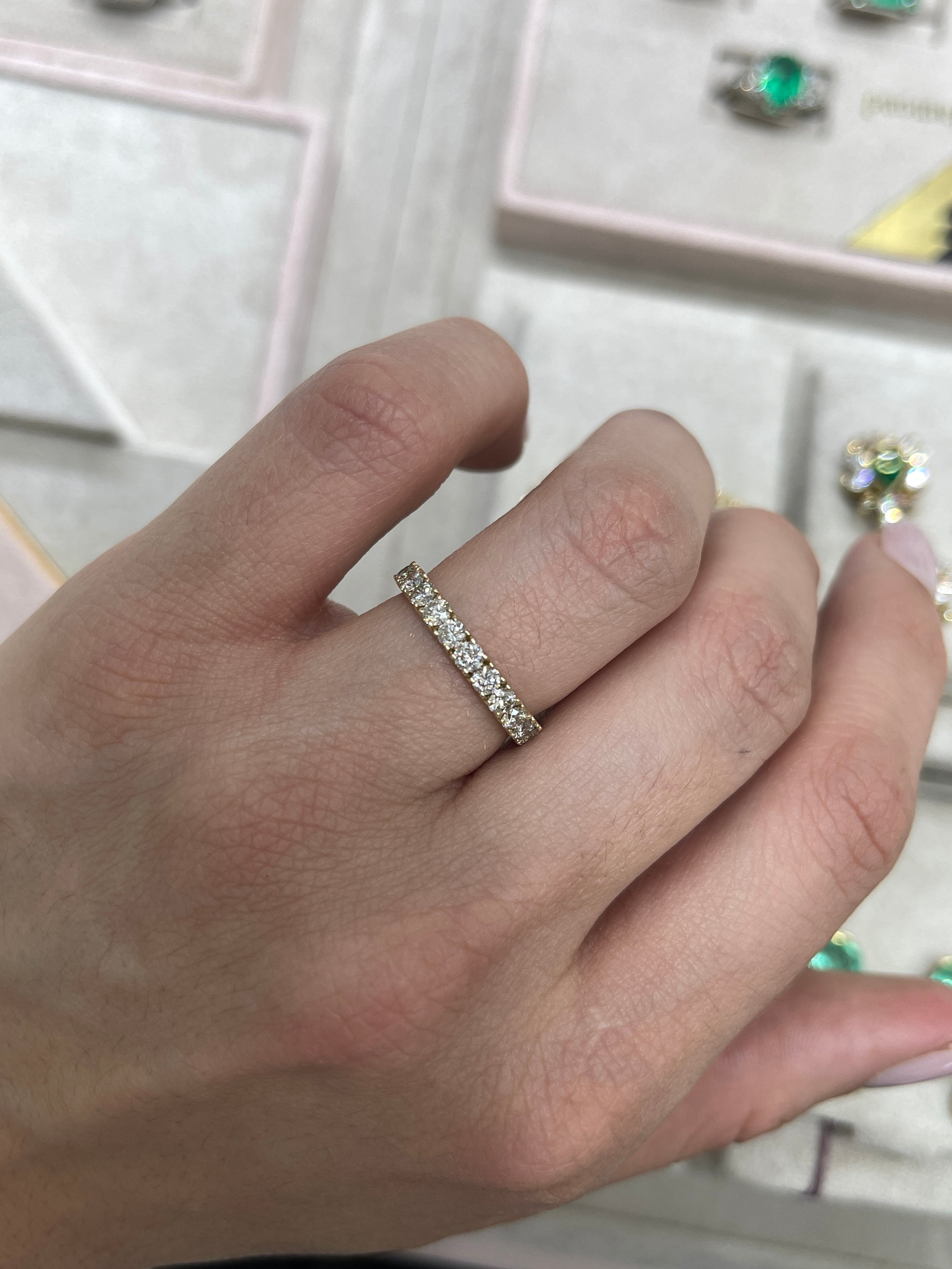 Half Round Emerald & Half Round Diamond Eternity Band 14K Gold- Size 7 - JR Colombian Emeralds