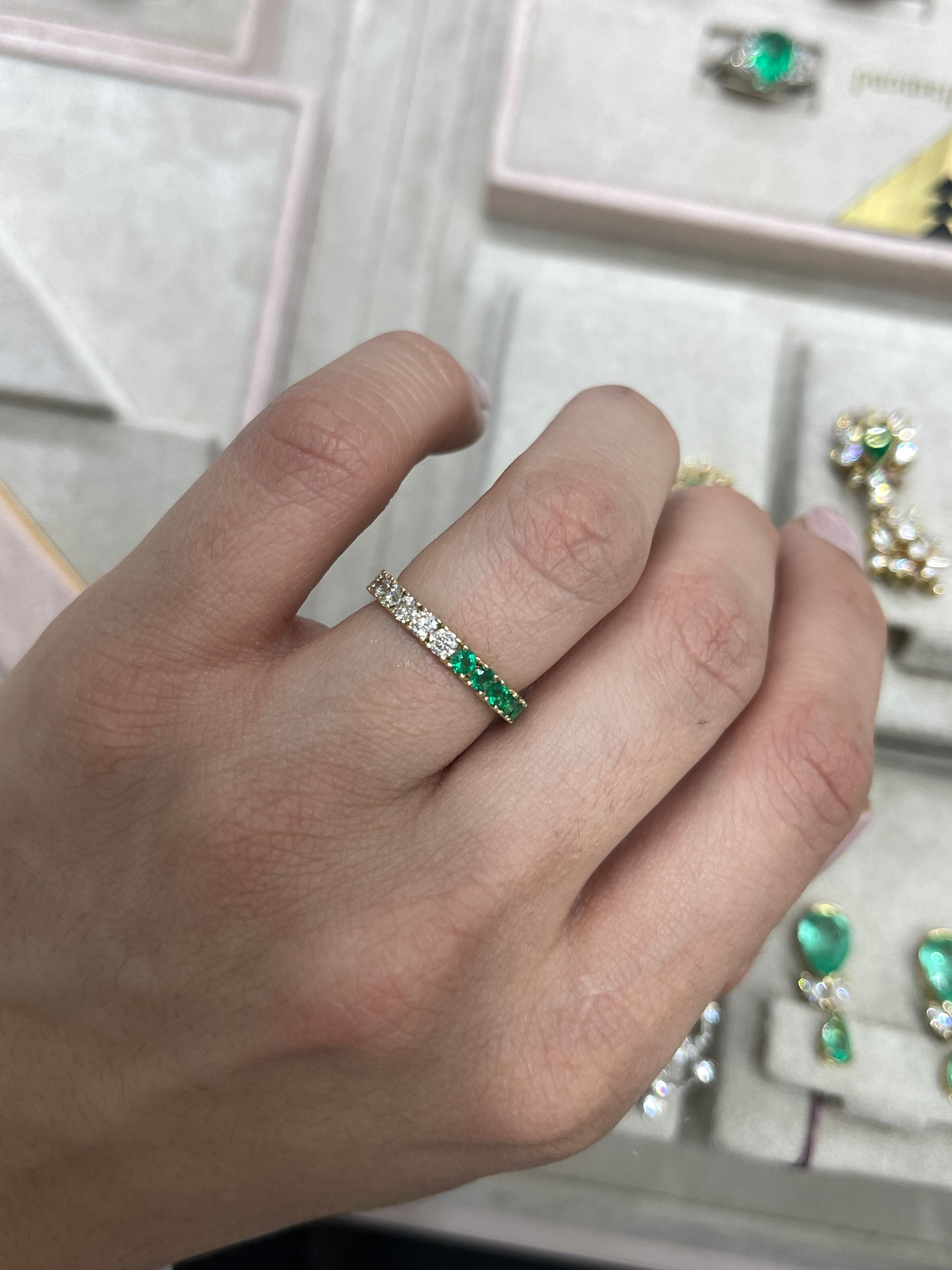 Half Round Emerald & Half Round Diamond Eternity Band 14K Gold- Size 7 - JR Colombian Emeralds
