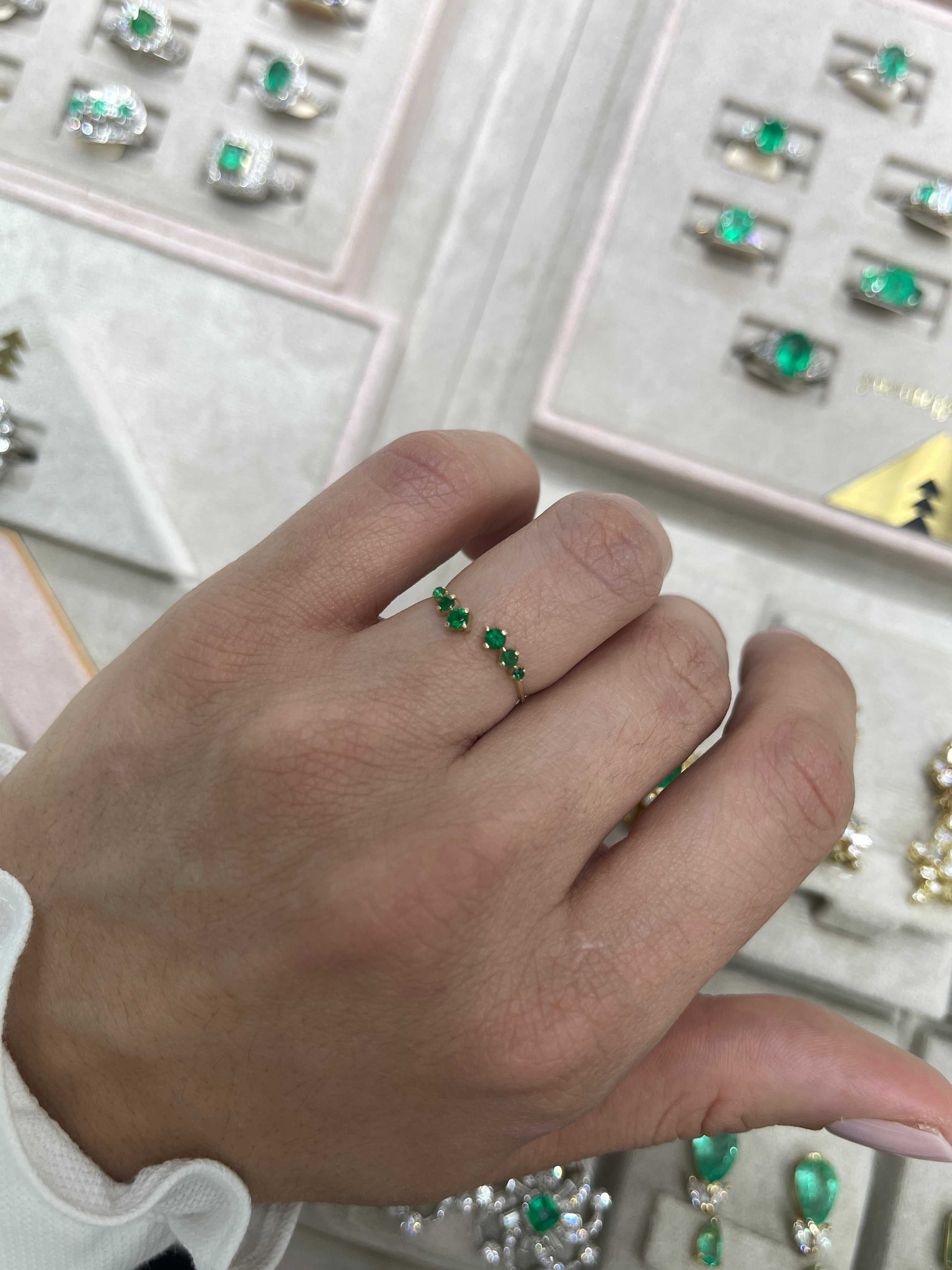 A.M Size 5.5 Petite Open Concept Emerald Everyday Ring Band 14K - JR Colombian Emeralds