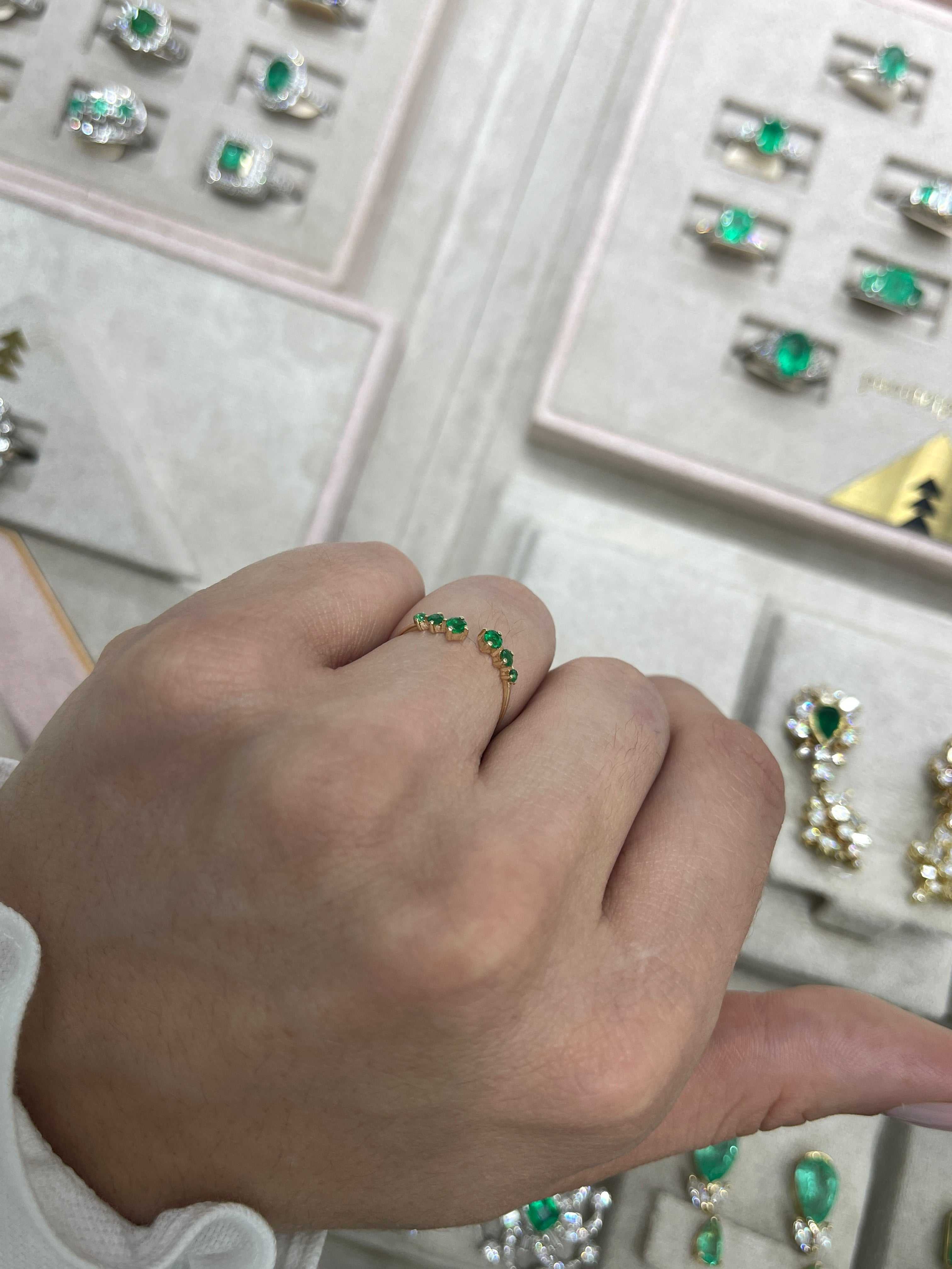 A.M Size 5.5 Petite Open Concept Emerald Everyday Ring Band 14K - JR Colombian Emeralds